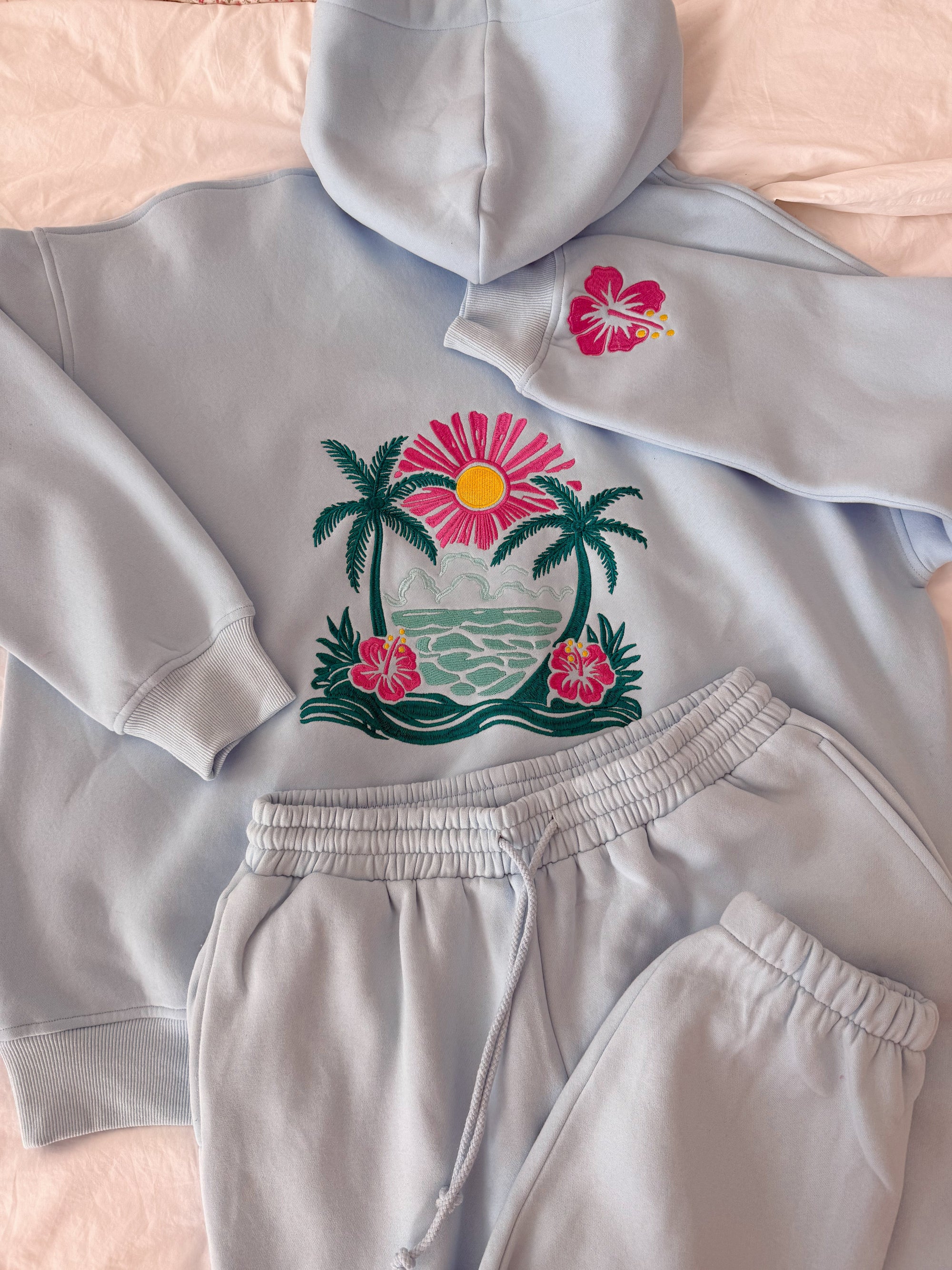 Icy Blue Hibiscus Flower Beach Babe Embroider Hoodie