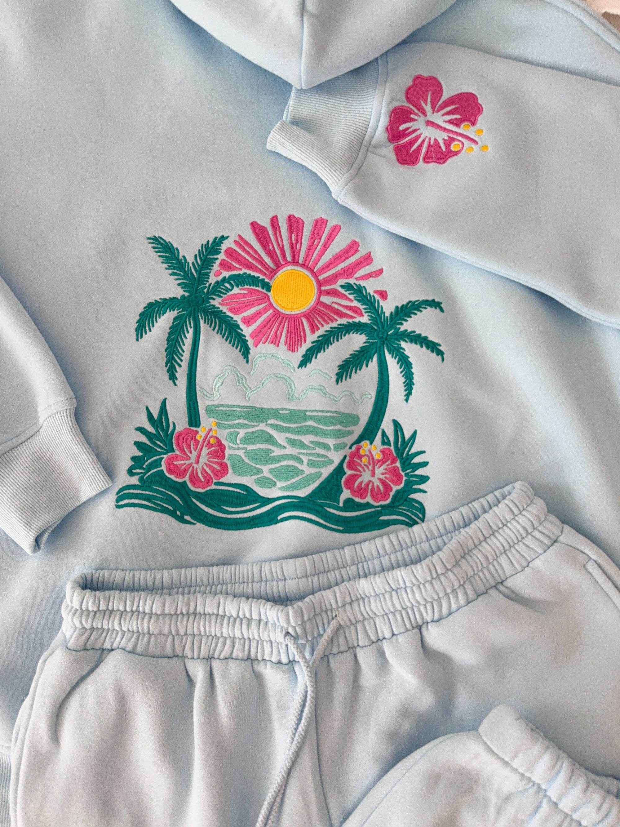 Icy Blue Hibiscus Flower Beach Babe Embroider Hoodie