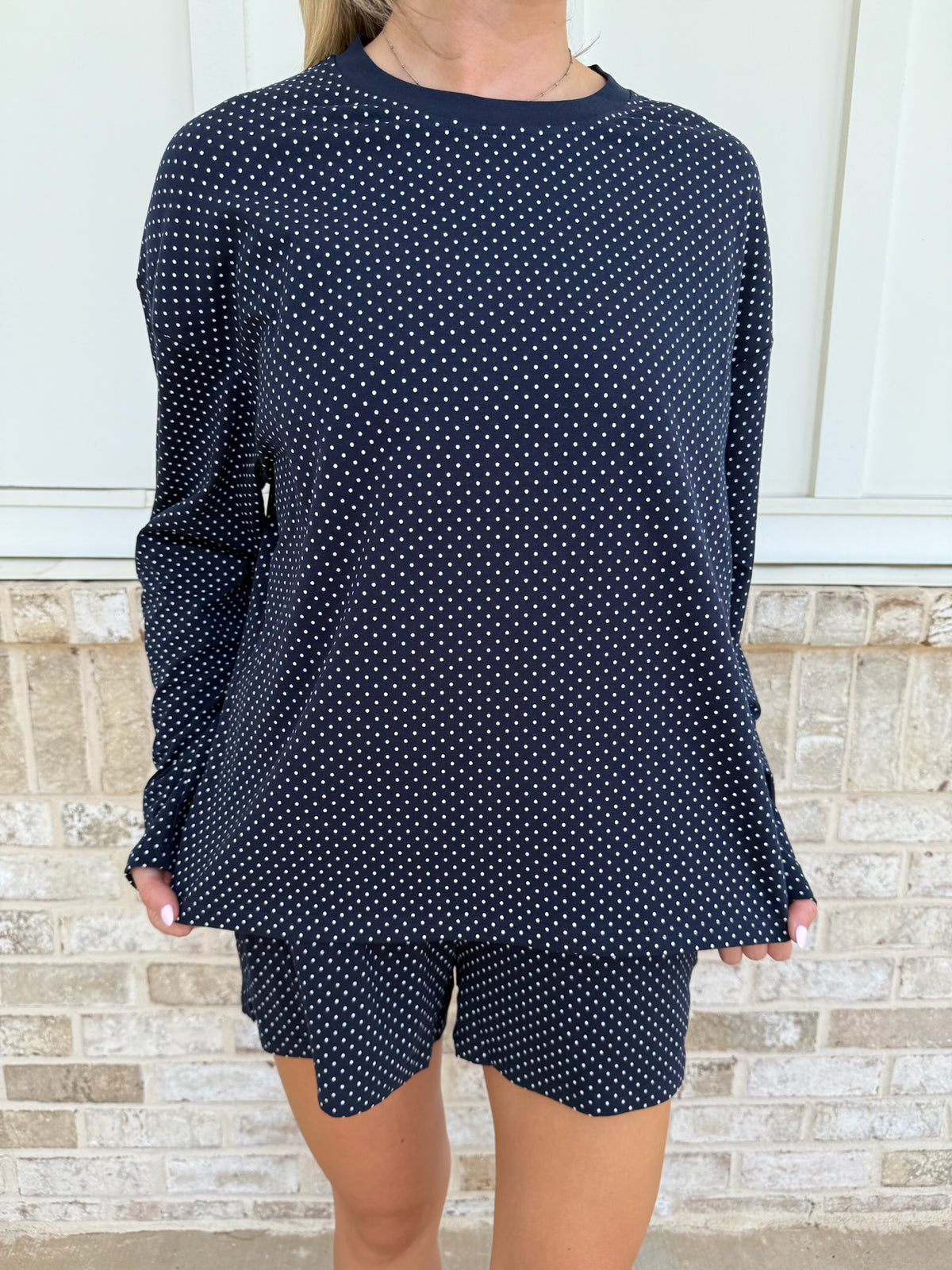 Navy Blue Polka Dot Loungewear Long Sleeve Top
