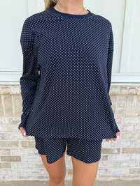 Navy Blue Polka Dot Loungewear Long Sleeve Top