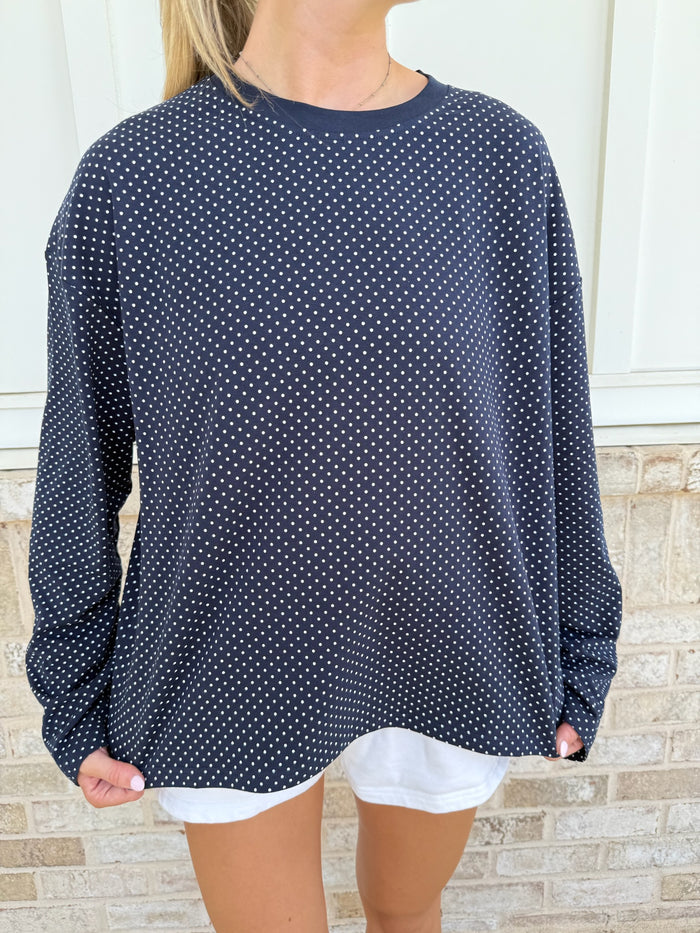 Navy Blue Polka Dot Loungewear Long Sleeve Top