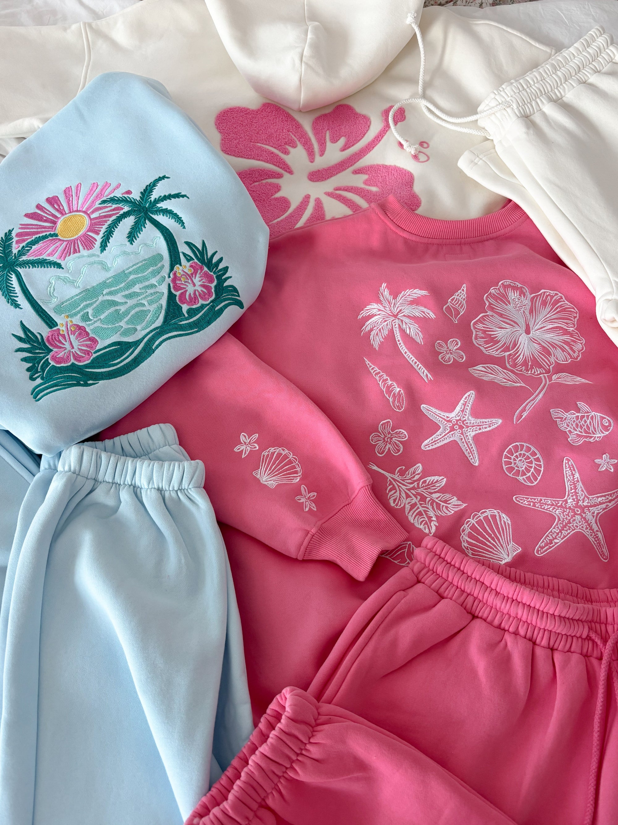 Icy Blue Hibiscus Flower Beach Babe Embroider Hoodie