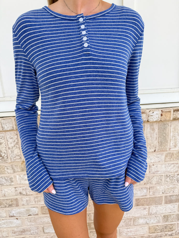 Striped Soft Button Loungewear Long Sleeve Top