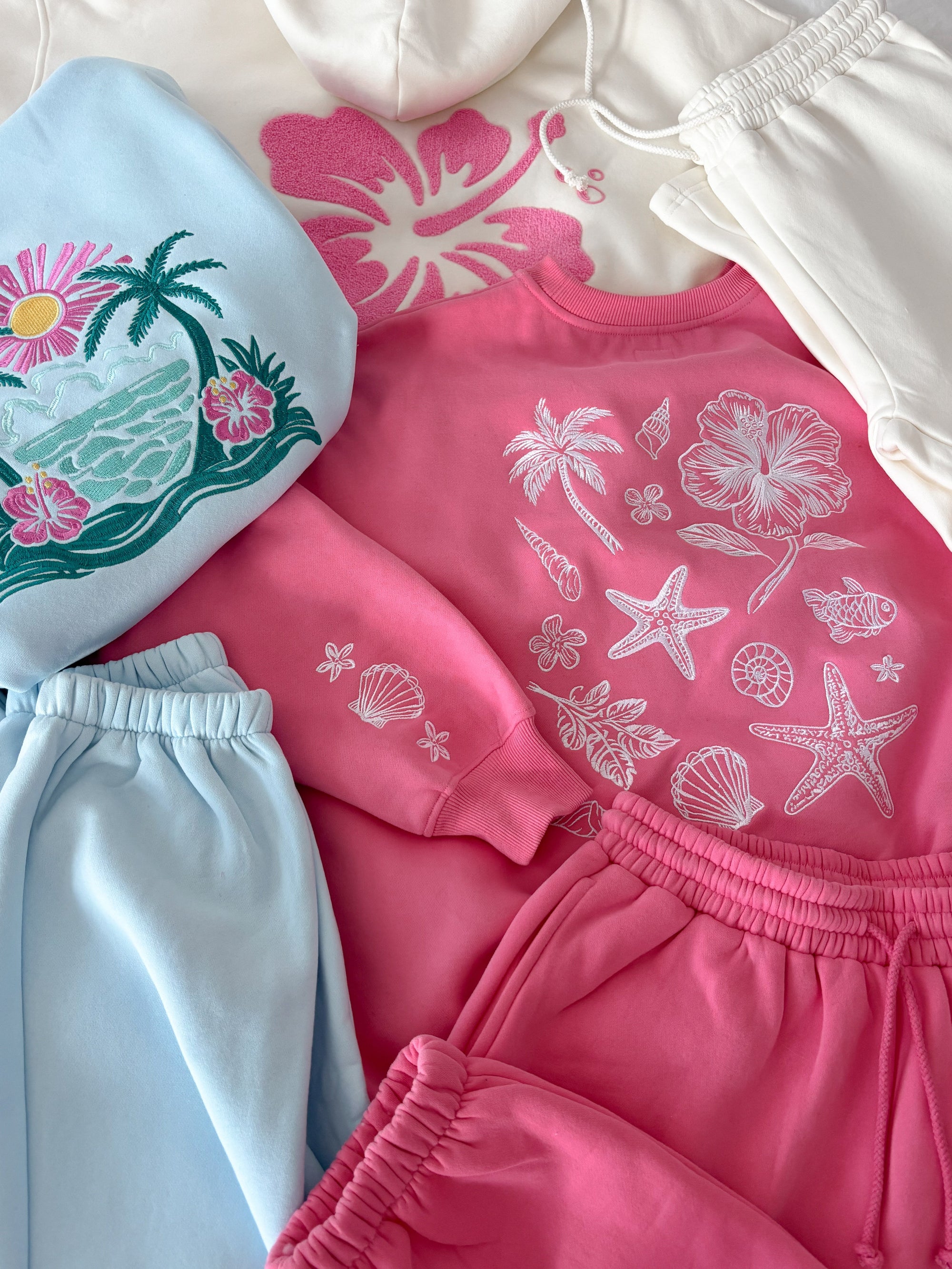 Icy Blue Hibiscus Flower Beach Babe Embroider Hoodie