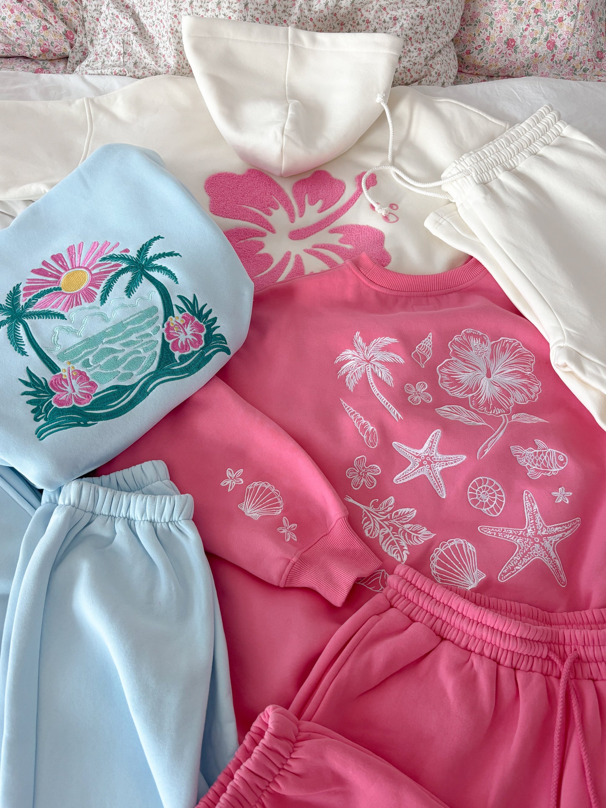 Icy Blue Hibiscus Flower Beach Babe Embroider Hoodie