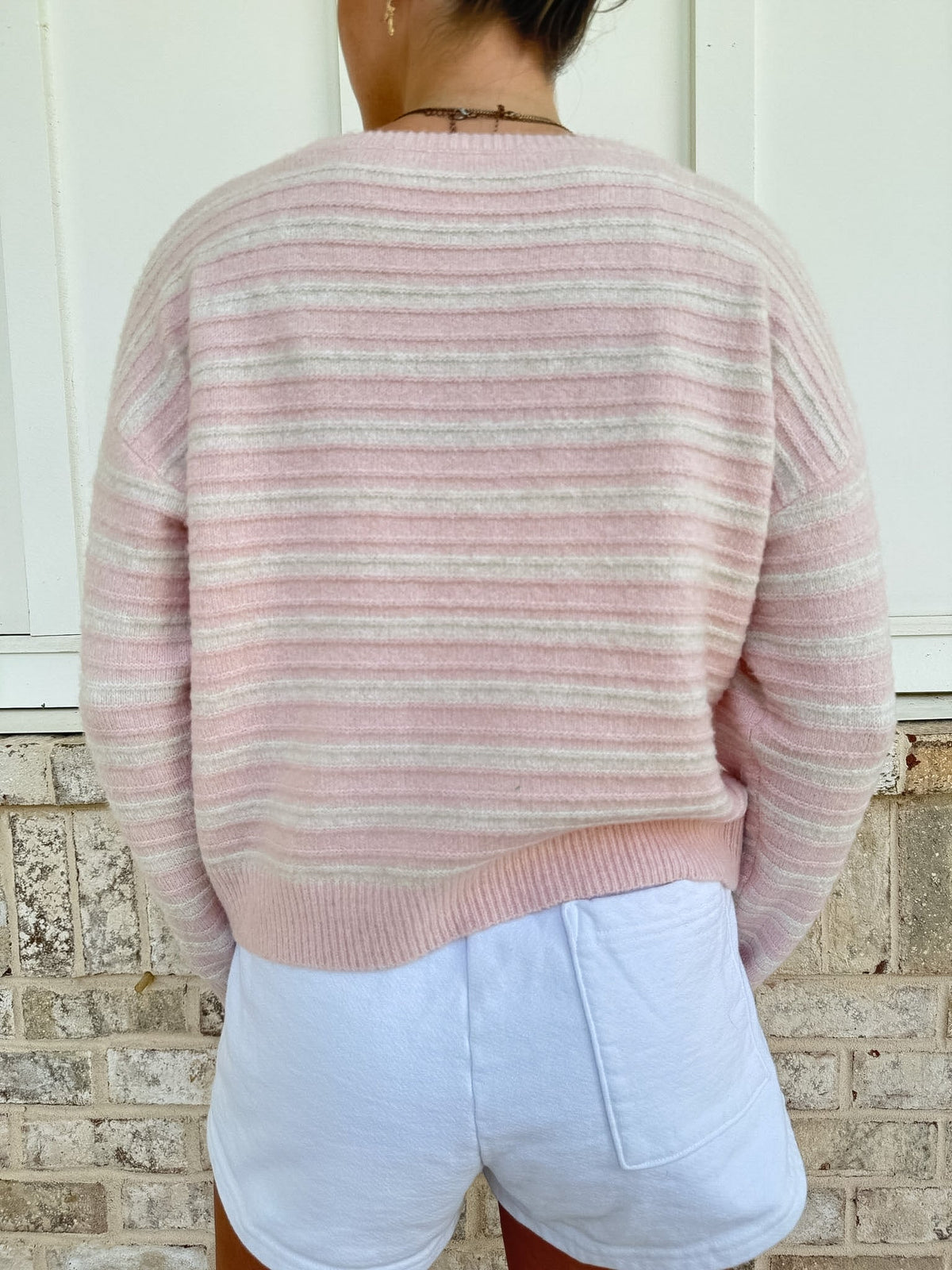 Blush Pink and Ivory Striped Fuzzy Knit Sweater