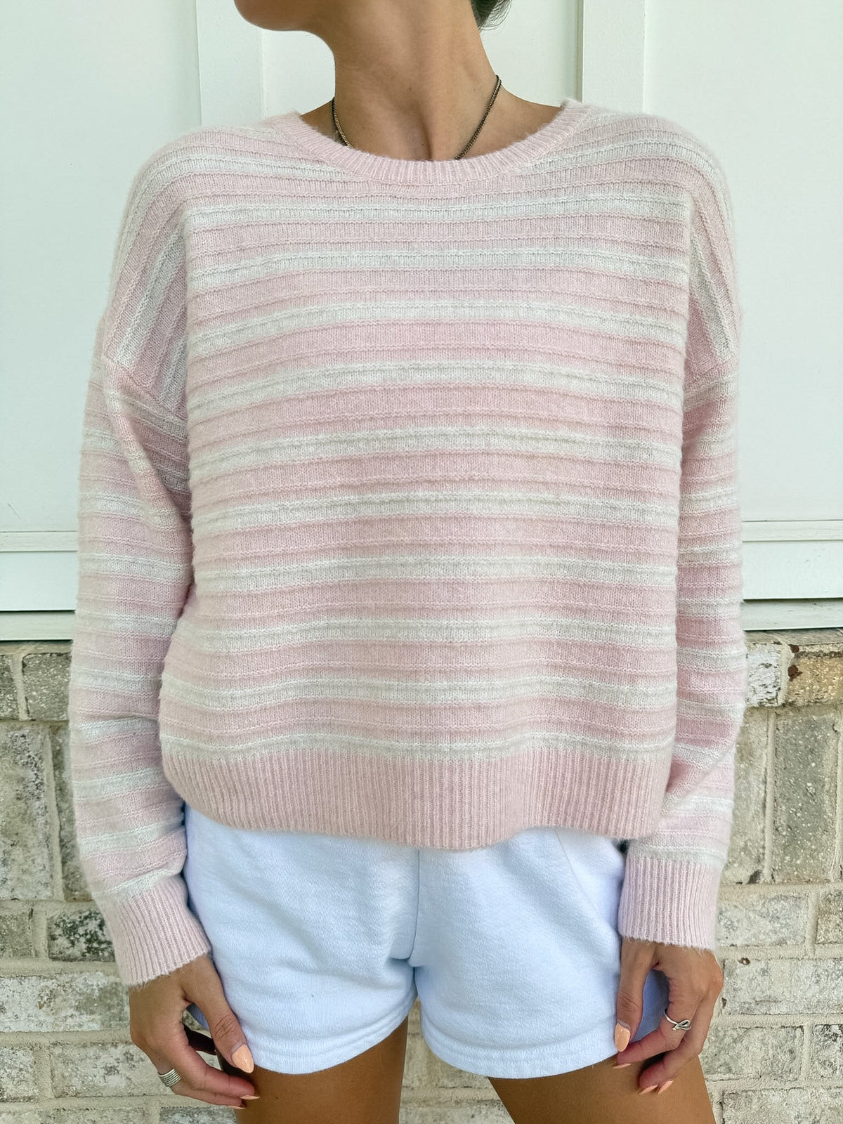 Blush Pink and Ivory Striped Fuzzy Knit Sweater
