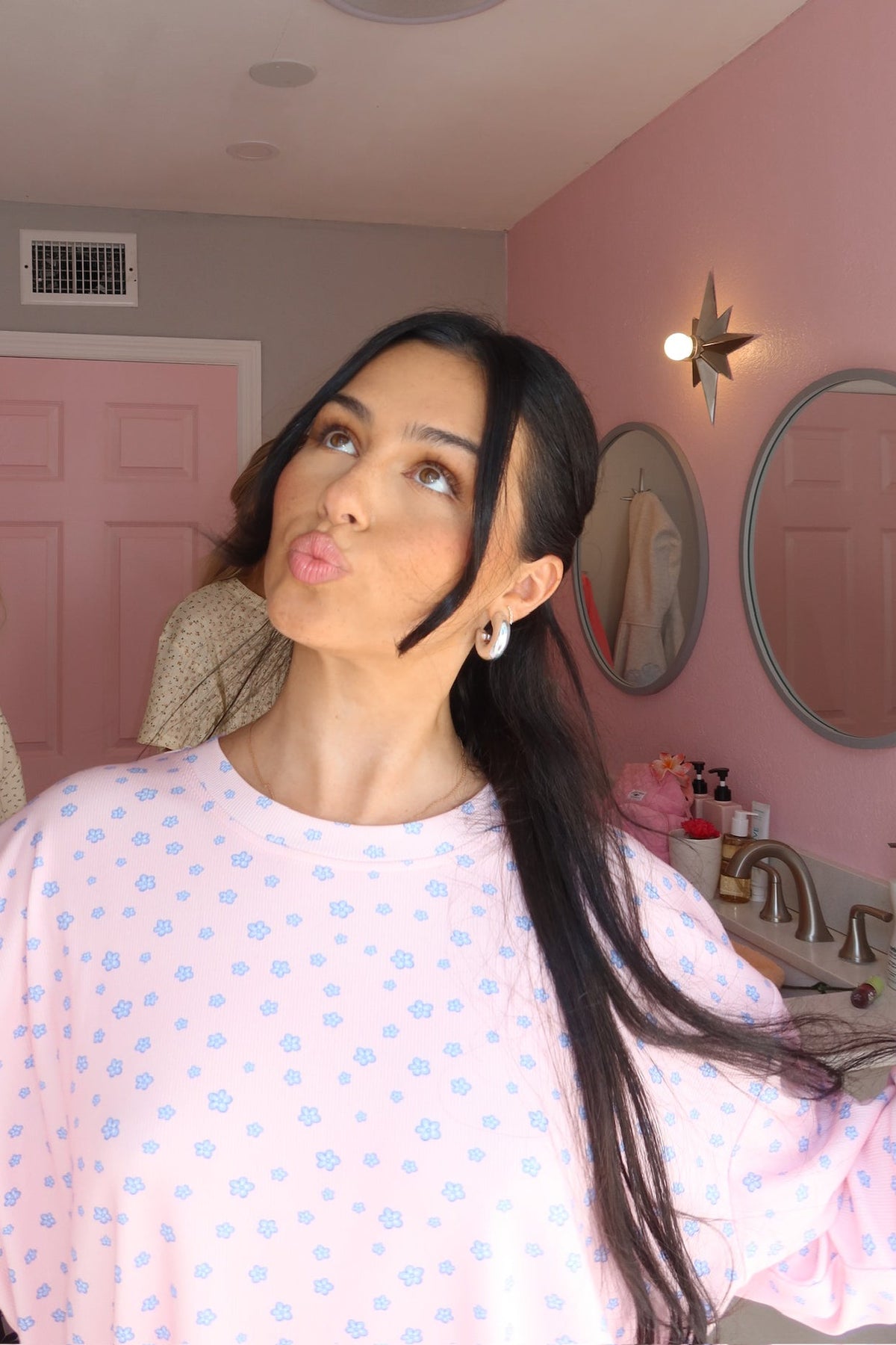 Light Pink Lilo Blue Floral Long Sleeve Pajama Top