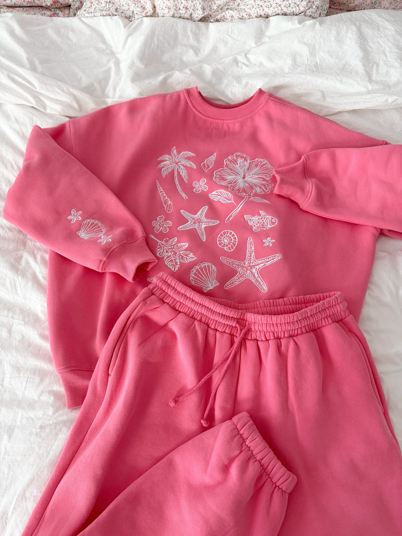 Hibiscus Pink Tropical Embroider Sweatshirt
