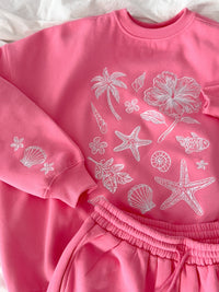 Hibiscus Pink Tropical Embroider Sweatshirt
