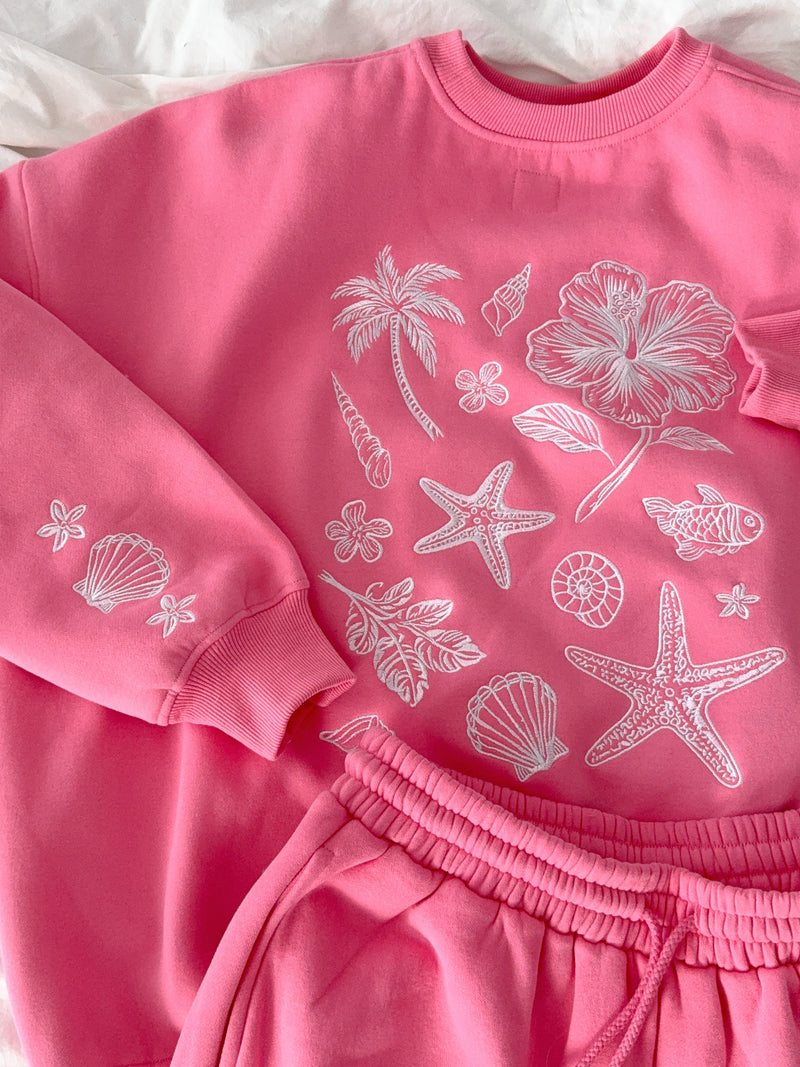 Hibiscus Pink Tropical Embroider Sweatshirt