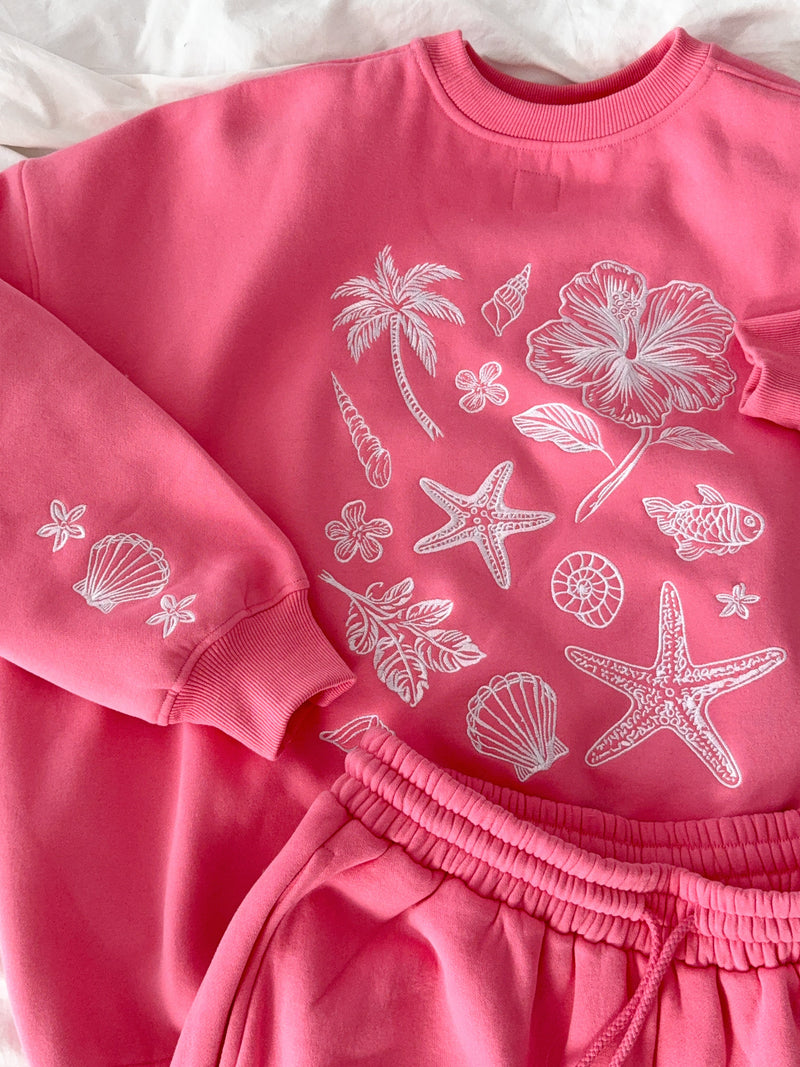 Hibiscus Pink Tropical Embroider Sweatshirt