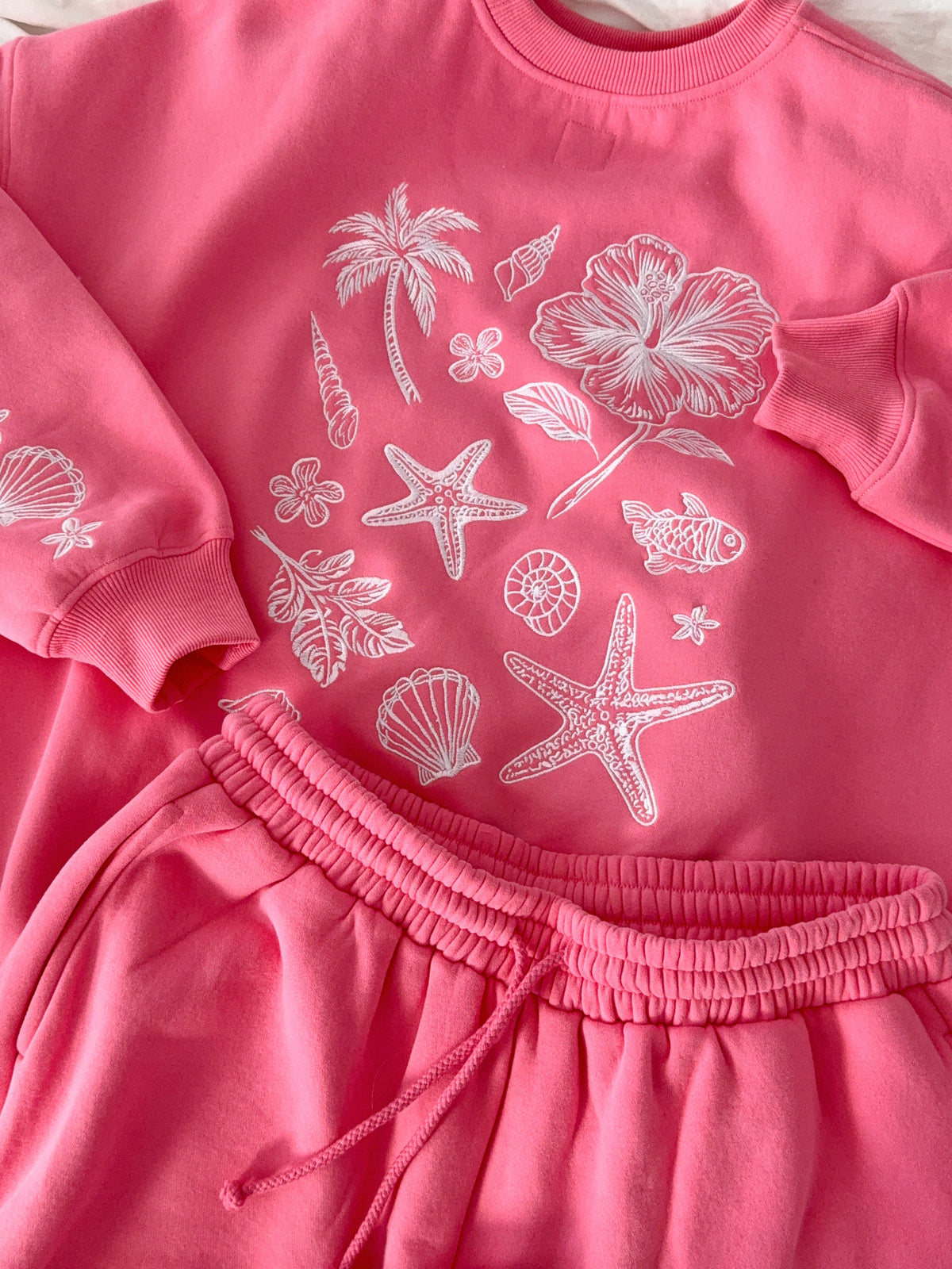 Hibiscus Pink Tropical Embroider Sweatshirt
