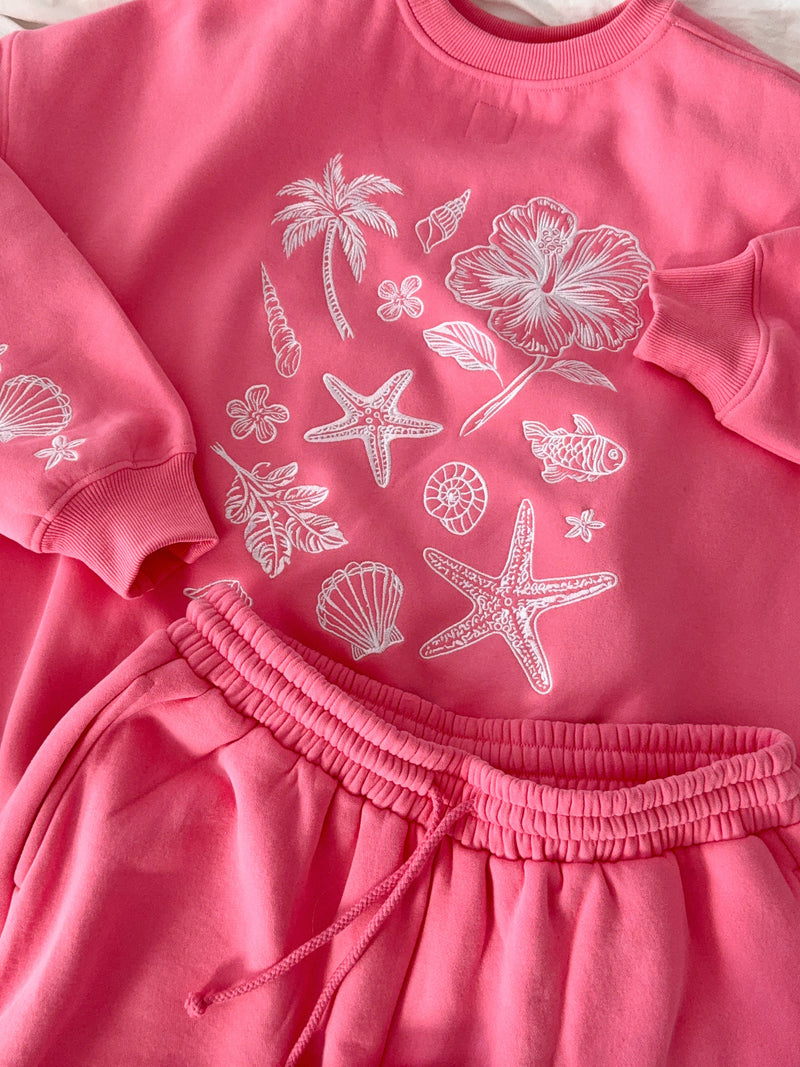 Hibiscus Pink Tropical Embroider Sweatshirt