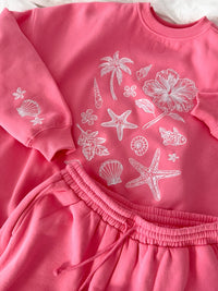 Hibiscus Pink Tropical Embroider Sweatshirt