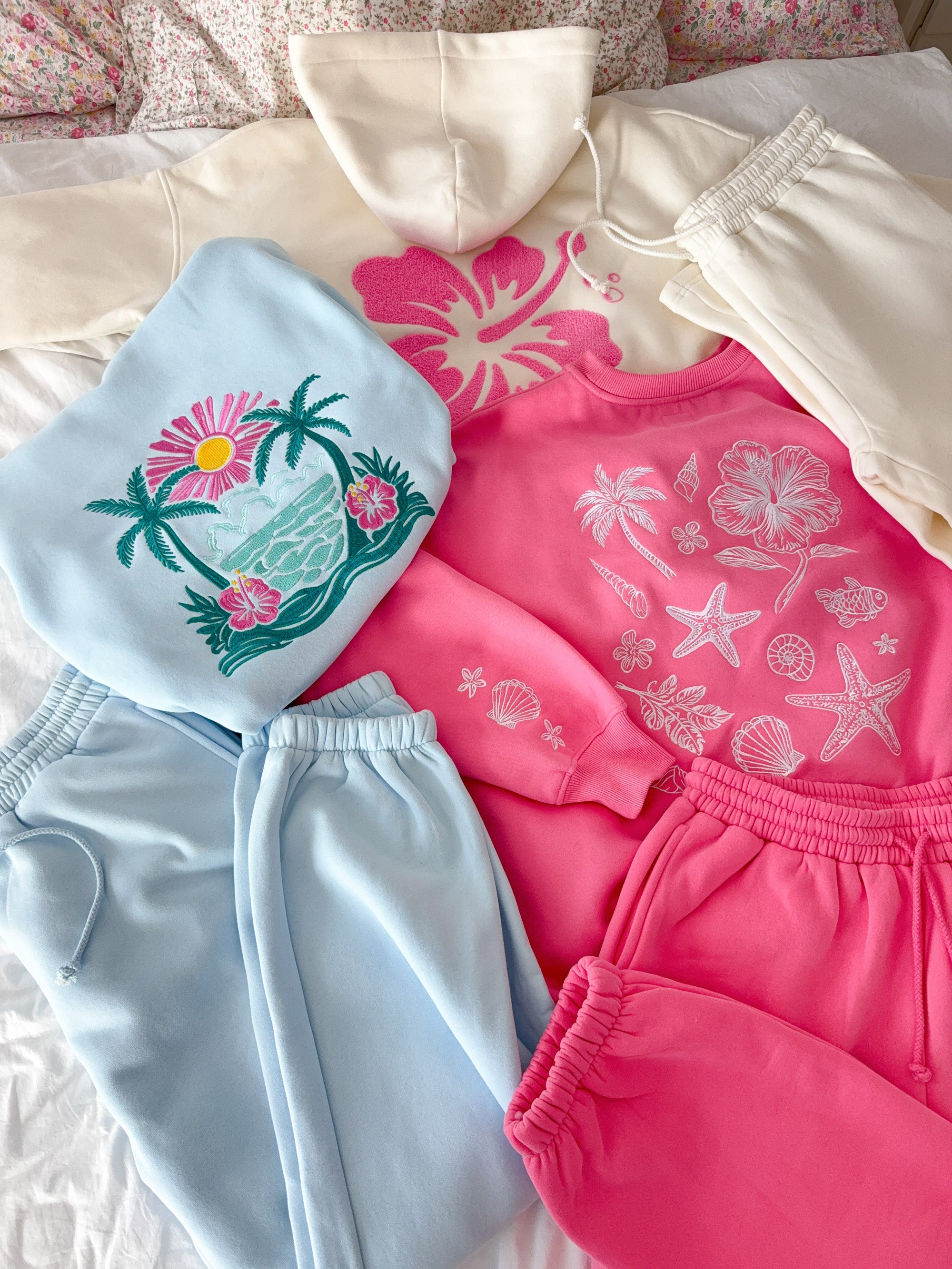 Icy Blue Hibiscus Flower Beach Babe Embroider Hoodie