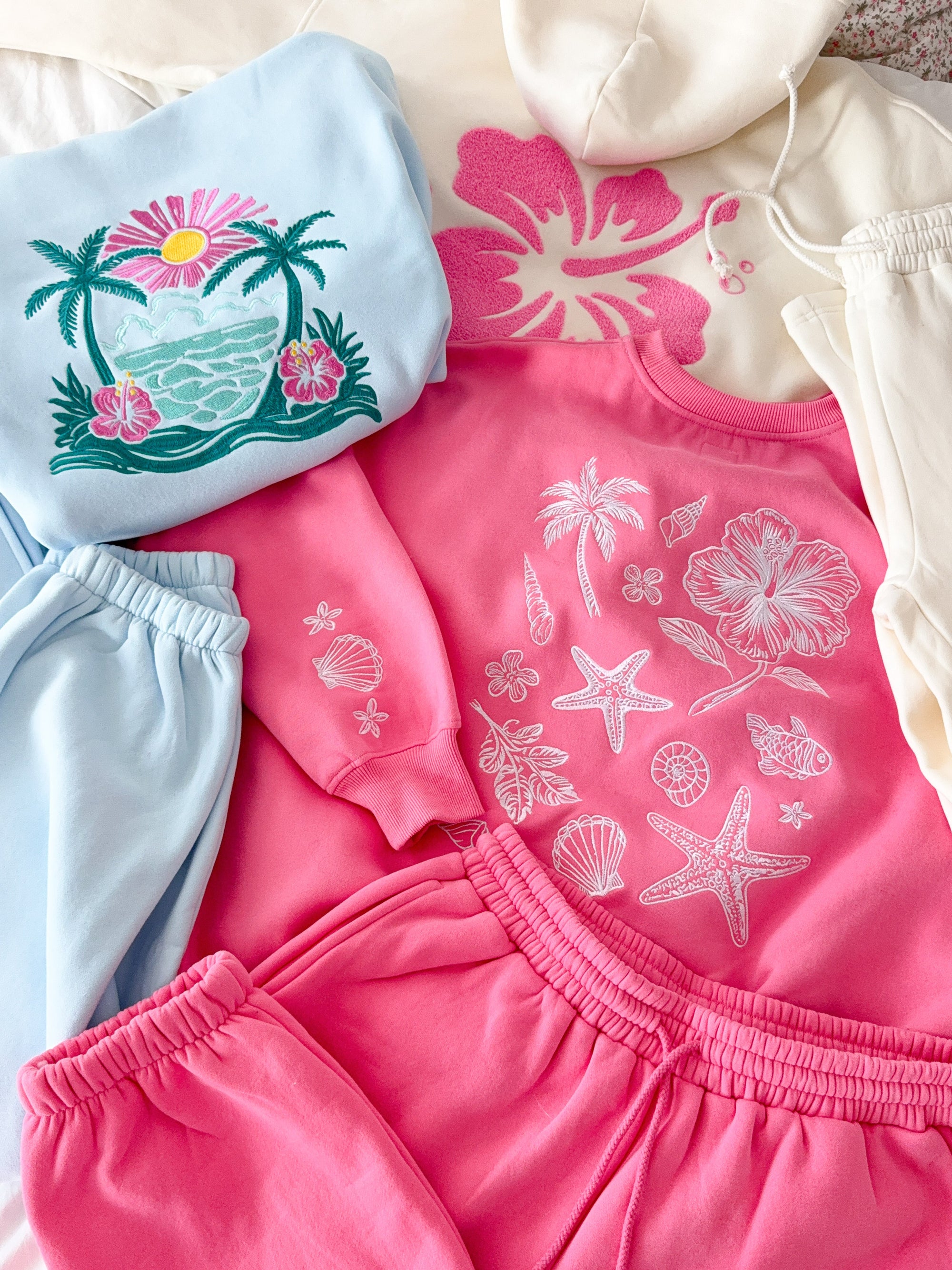 Icy Blue Hibiscus Flower Beach Babe Embroider Hoodie