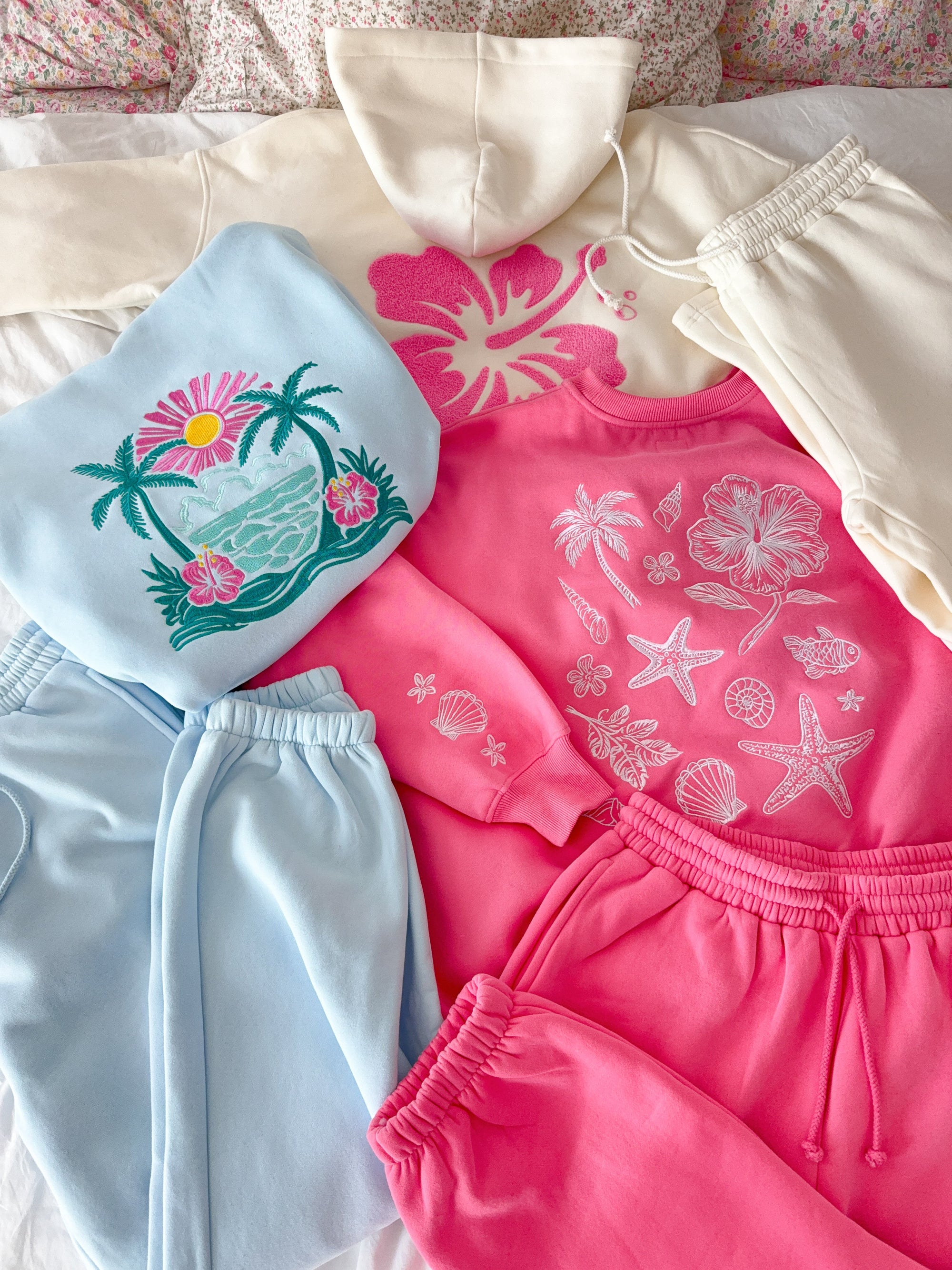 Icy Blue Hibiscus Flower Beach Babe Embroider Hoodie