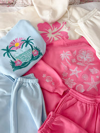 Hibiscus Pink Tropical Embroider Sweatshirt