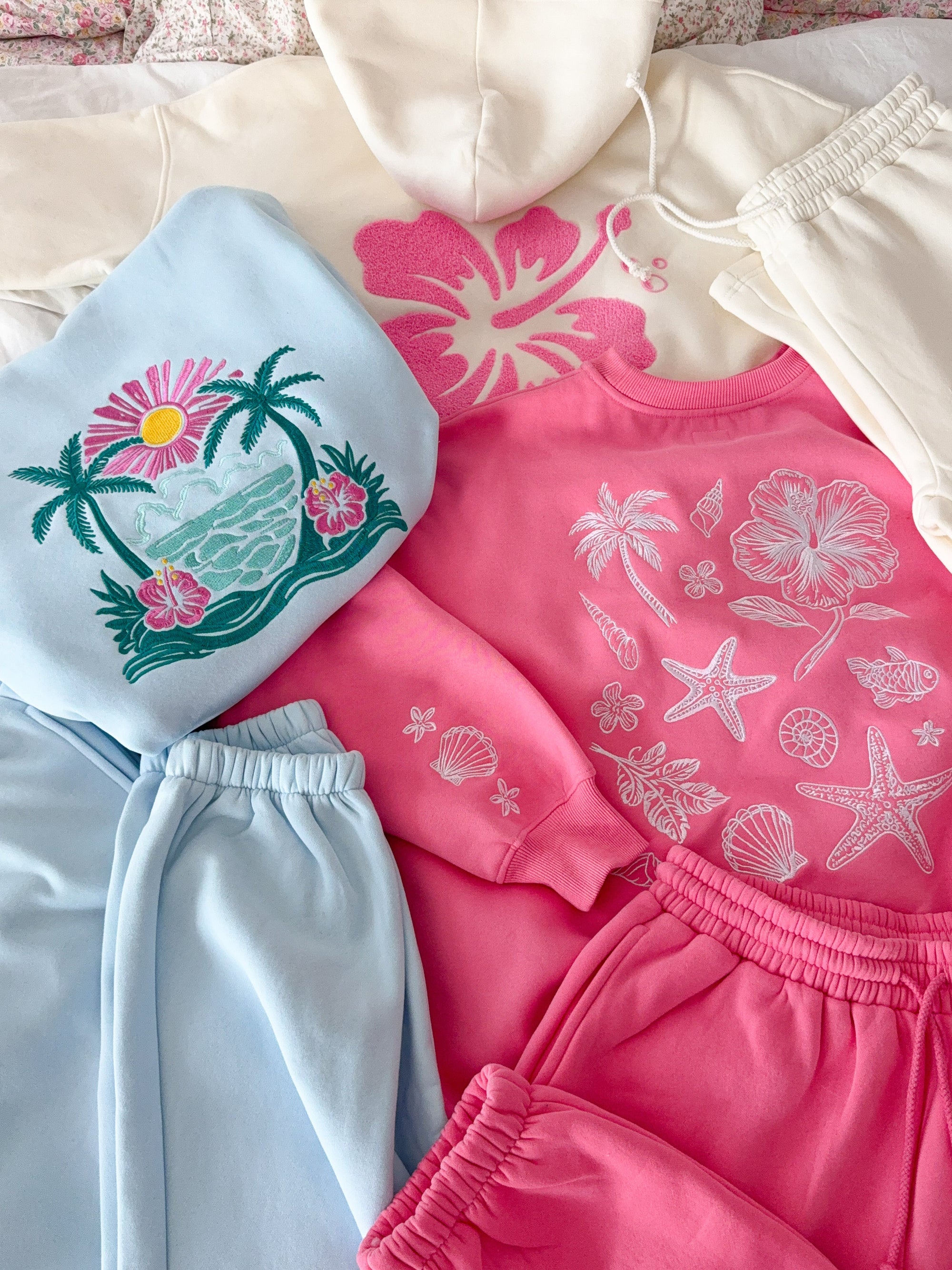 Icy Blue Hibiscus Flower Beach Babe Embroider Hoodie