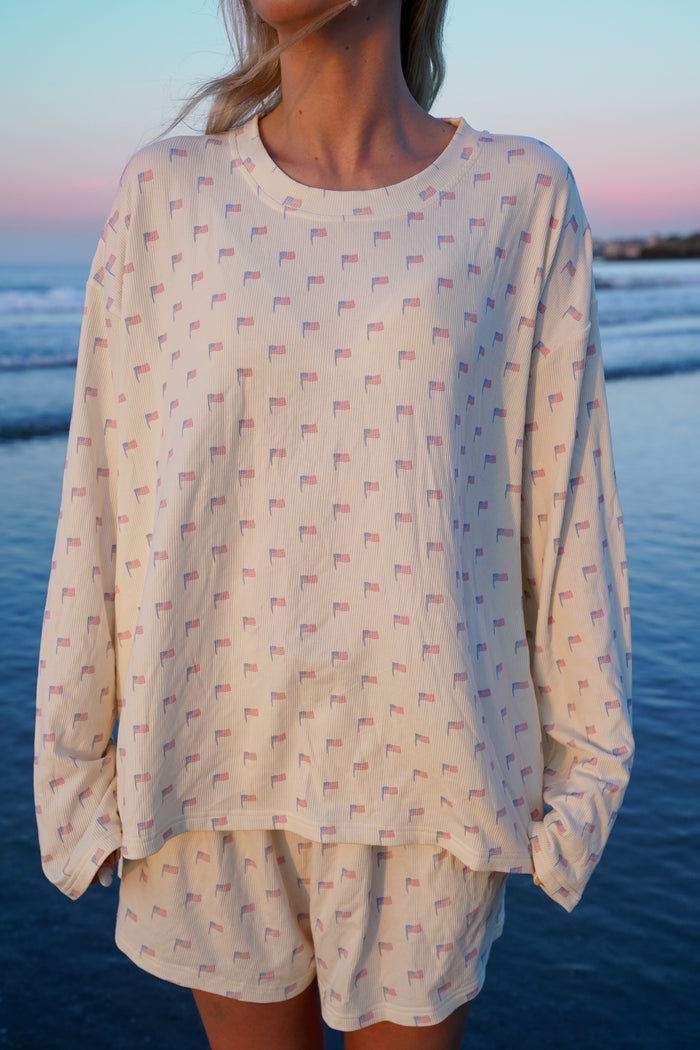 Pale Yellow American Flag Pajama Pattern Top