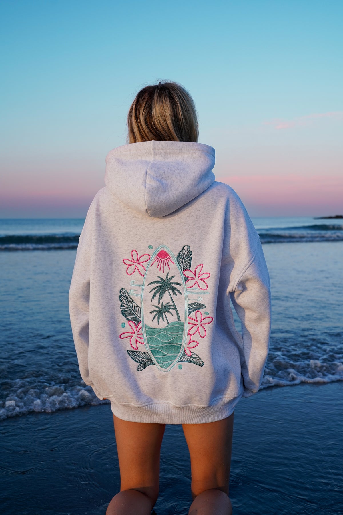Pearl Grey Surfing The Waves Embroider Hoodie