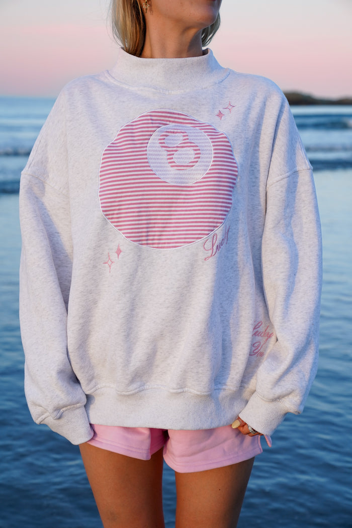 Pearl Grey Lucky You 8 Ball Mockneck Embroider Sweatshirt