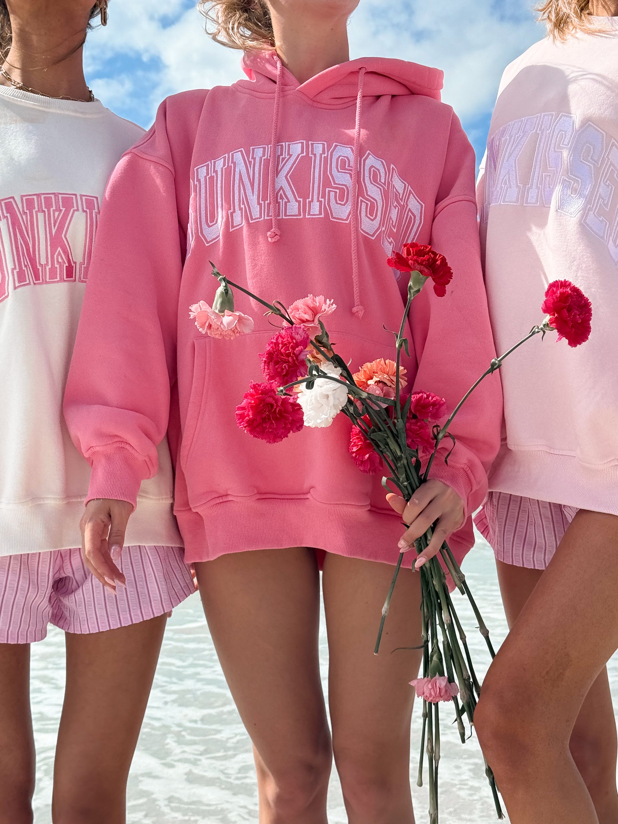 Ivory and Hibiscus Pink Varsity Embroider Sweatshirt