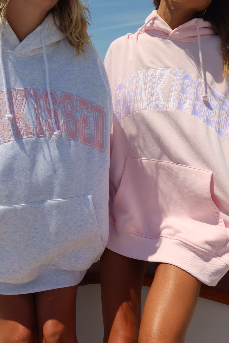 Pearl Grey with Pink Thread Sunkissed Varsity Embroider Hoodie