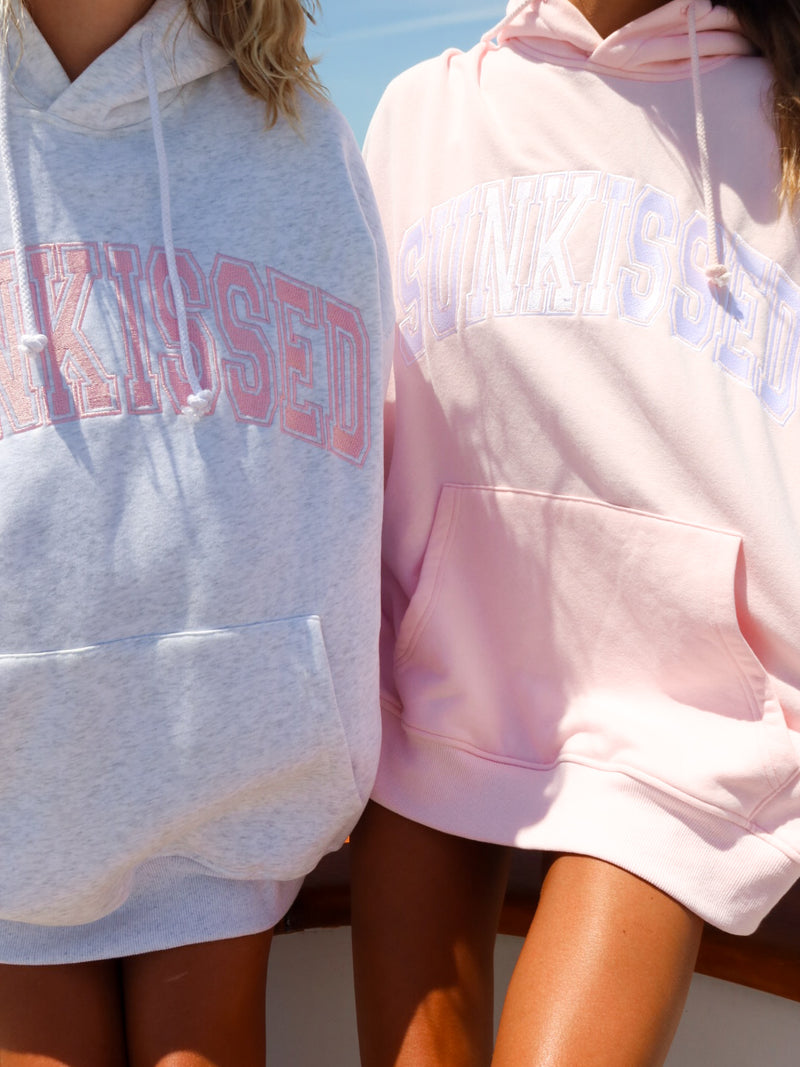 Pearl Grey with Pink Thread Sunkissed Varsity Embroider Hoodie