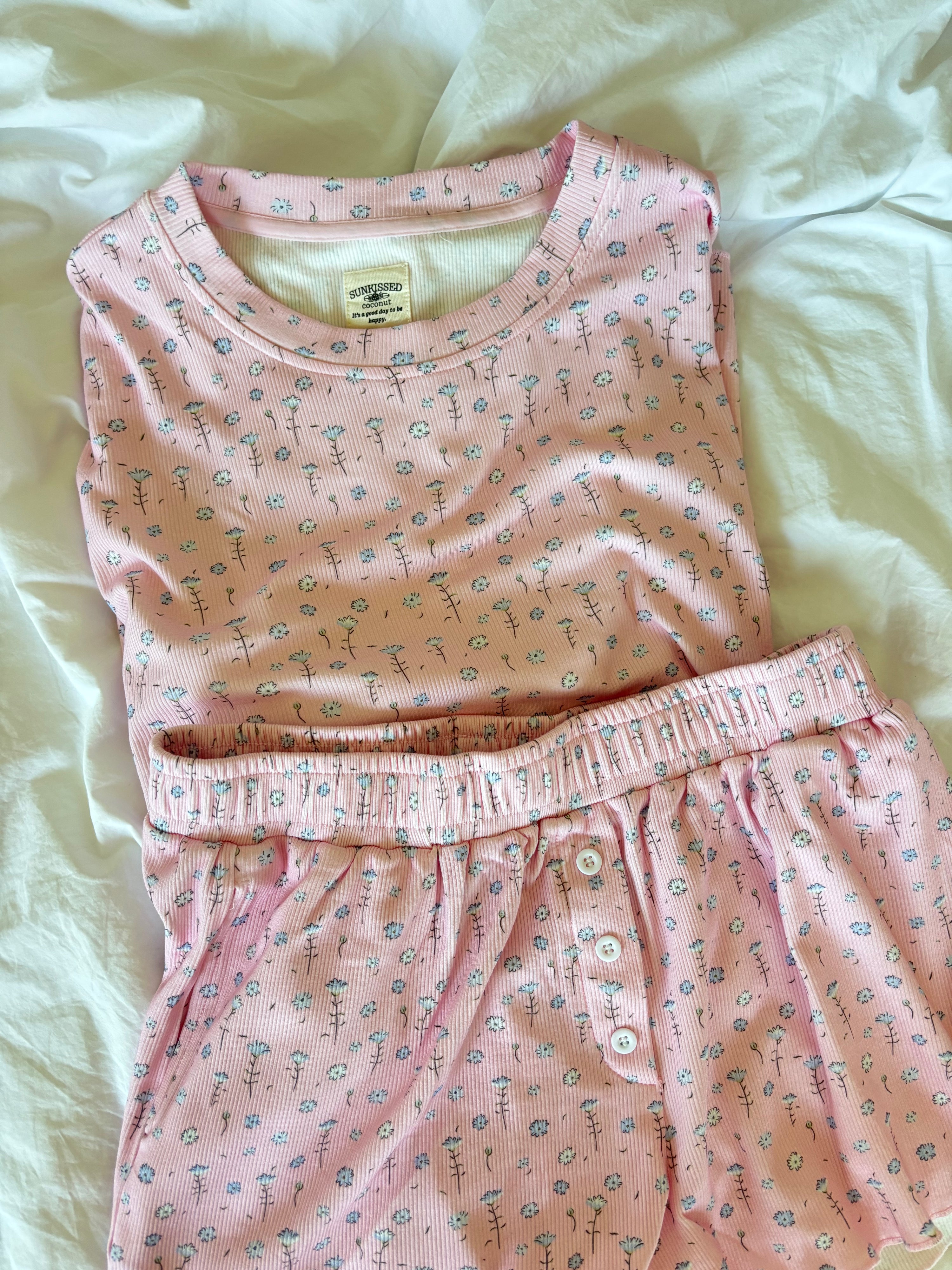 Light Pink Ditsy Blue Floral Pajama Shorts