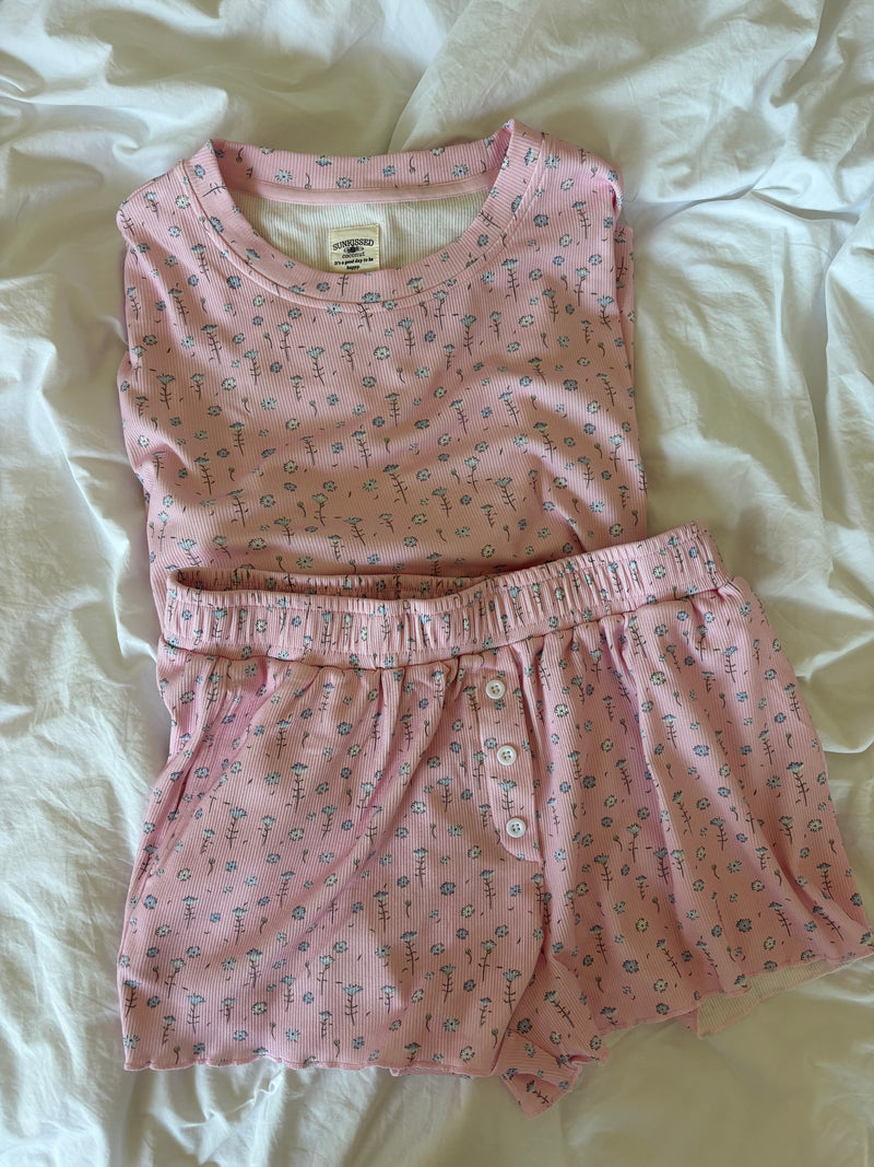 Light Pink Ditsy Blue Floral Pajama Shorts