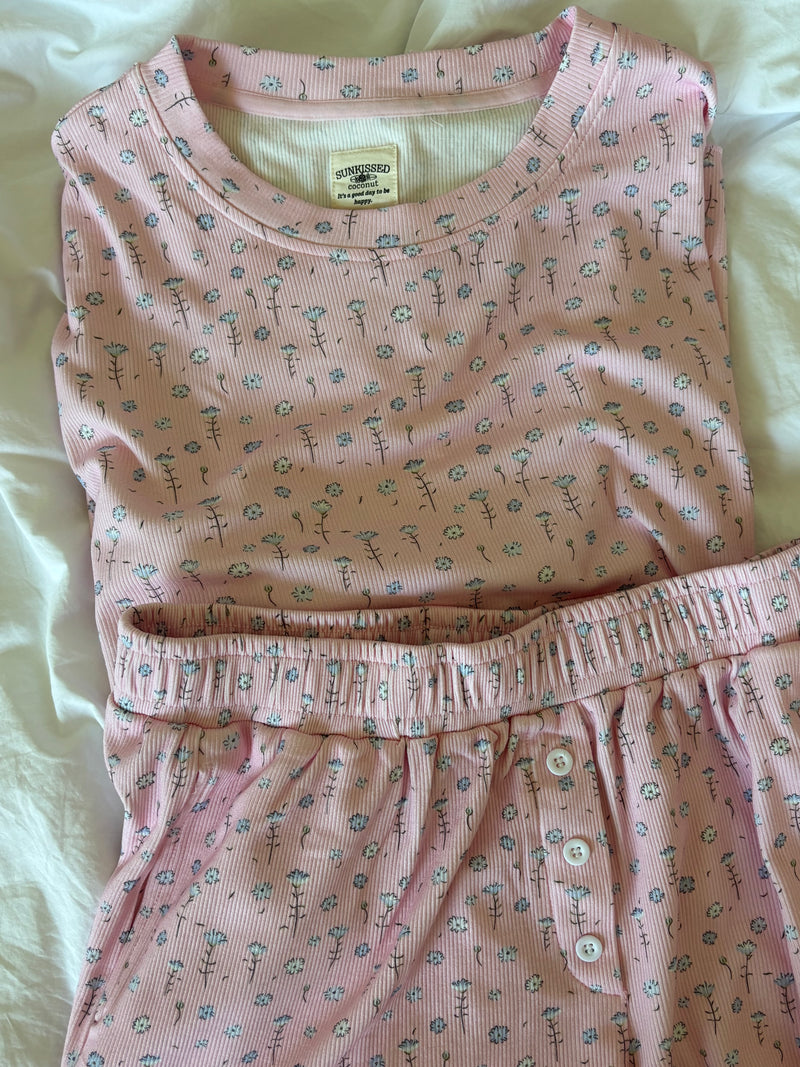 Light Pink Ditsy Blue Floral Pajama Shorts