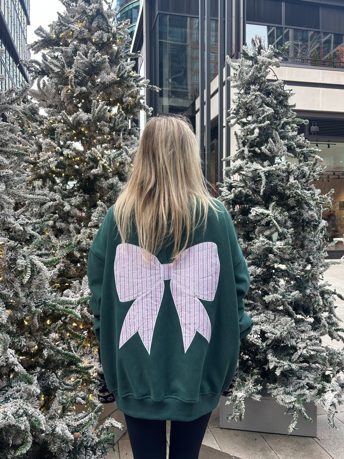 Winter Green Striped Bow Embroider Sweatshirt