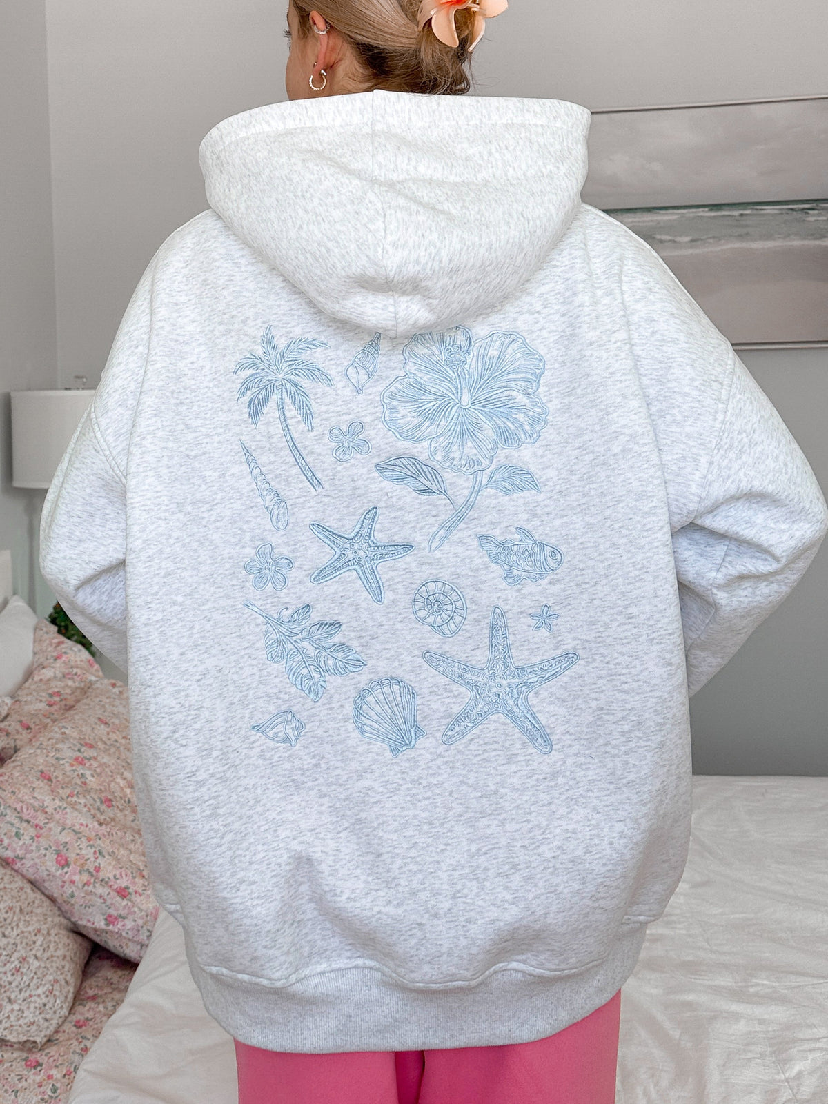 Pearl Grey Tropical Embroider Hoodie
