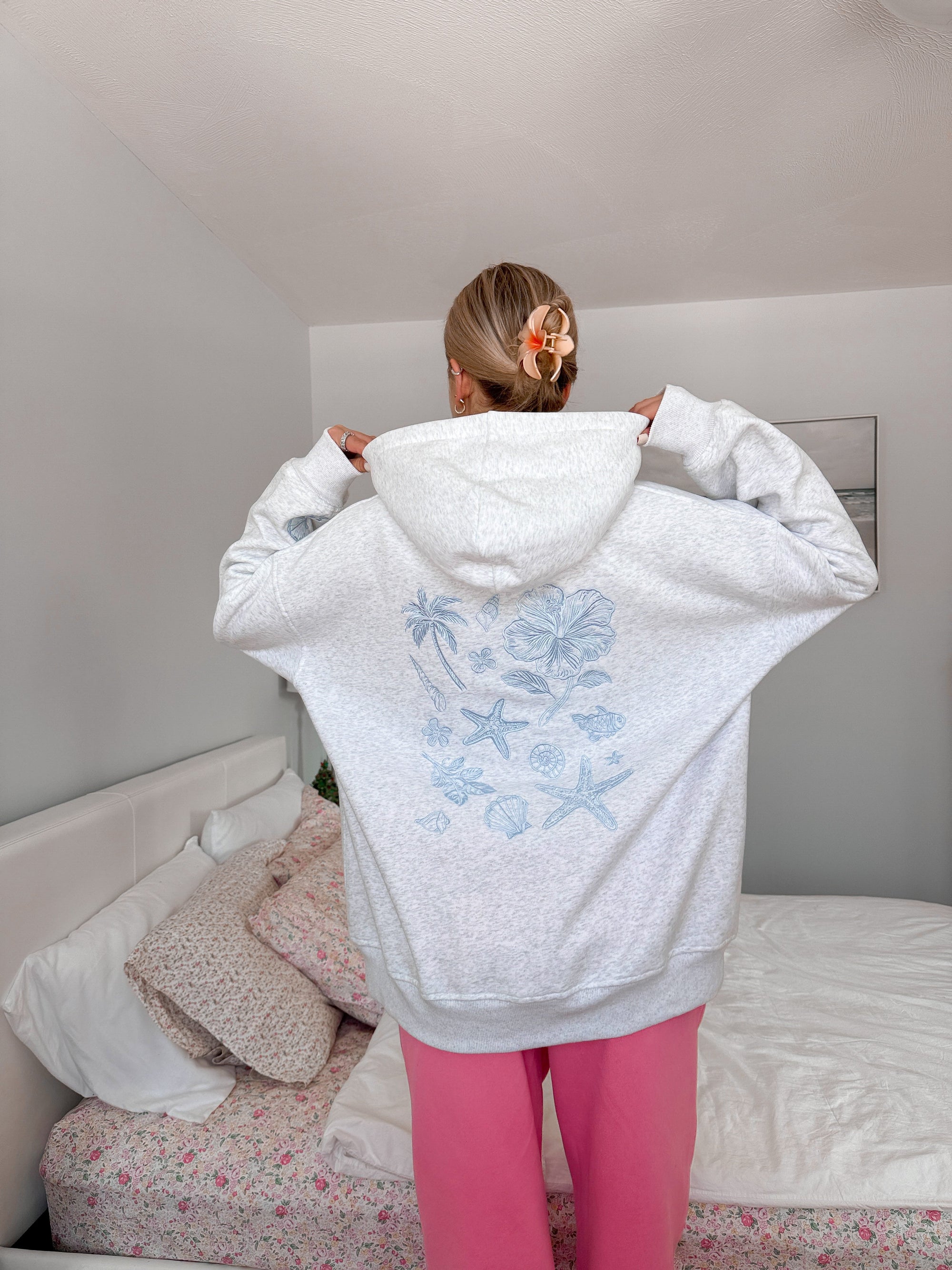 Pearl Grey Tropical Embroider Hoodie