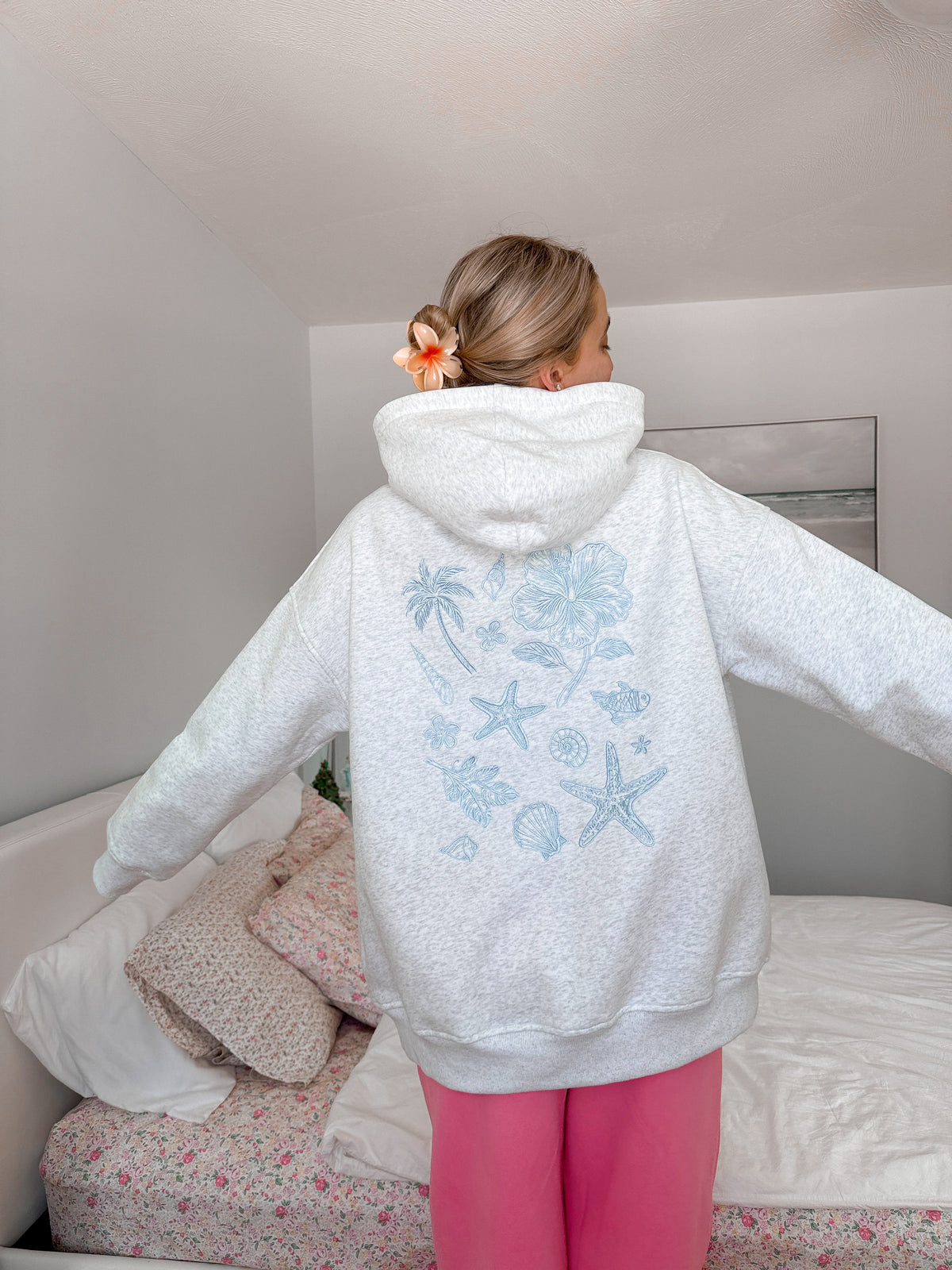 Pearl Grey Tropical Embroider Hoodie