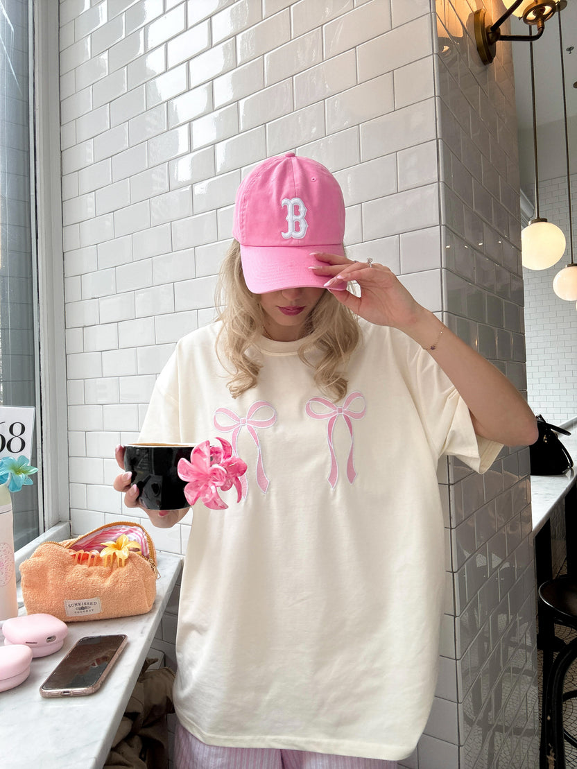 Bow and Heart Grid Washed Tee Pink