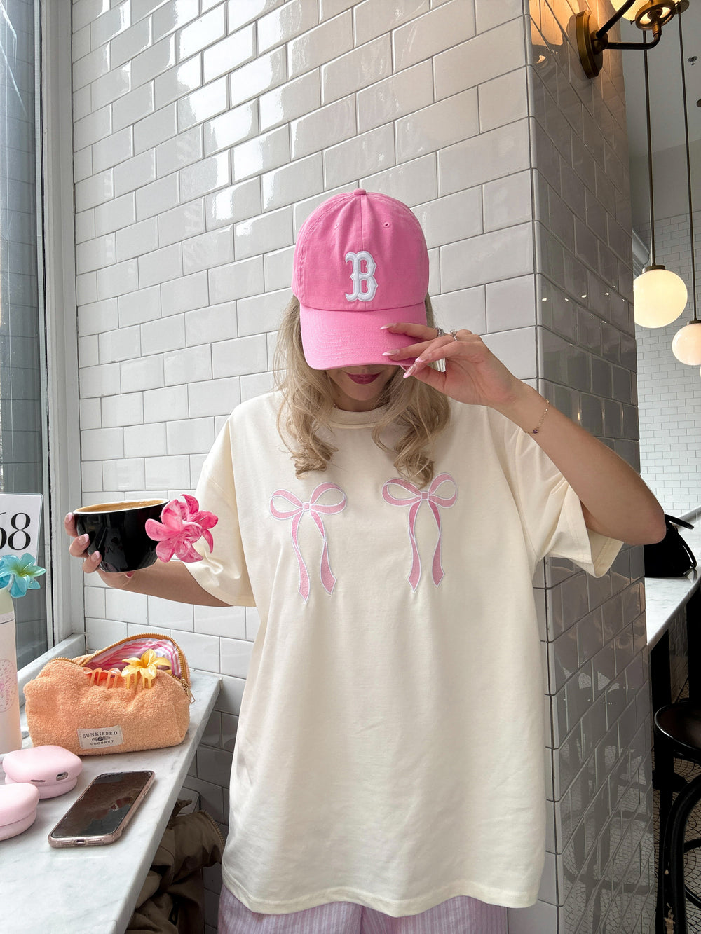 Bow Gingham Laser Cut Detail Tee - Pink main image 0