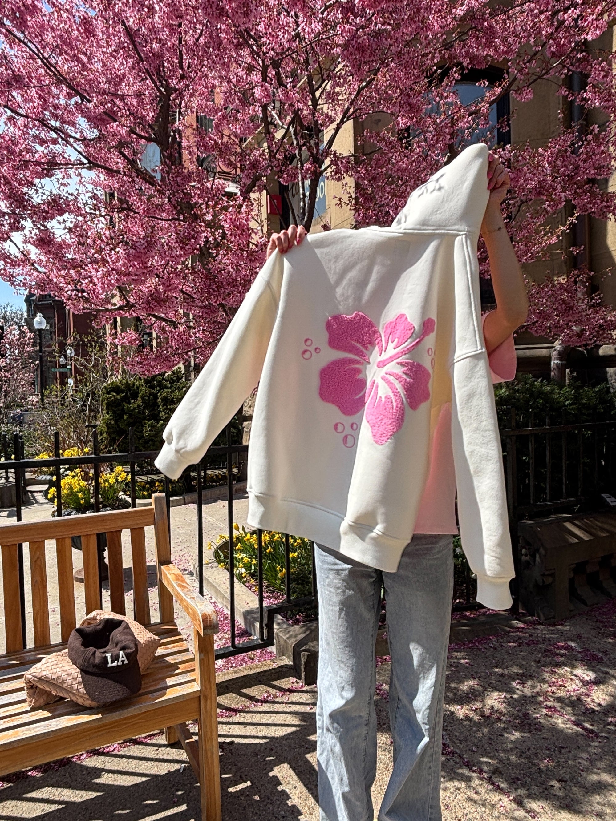Ivory Hibiscus Flower Hoodie
