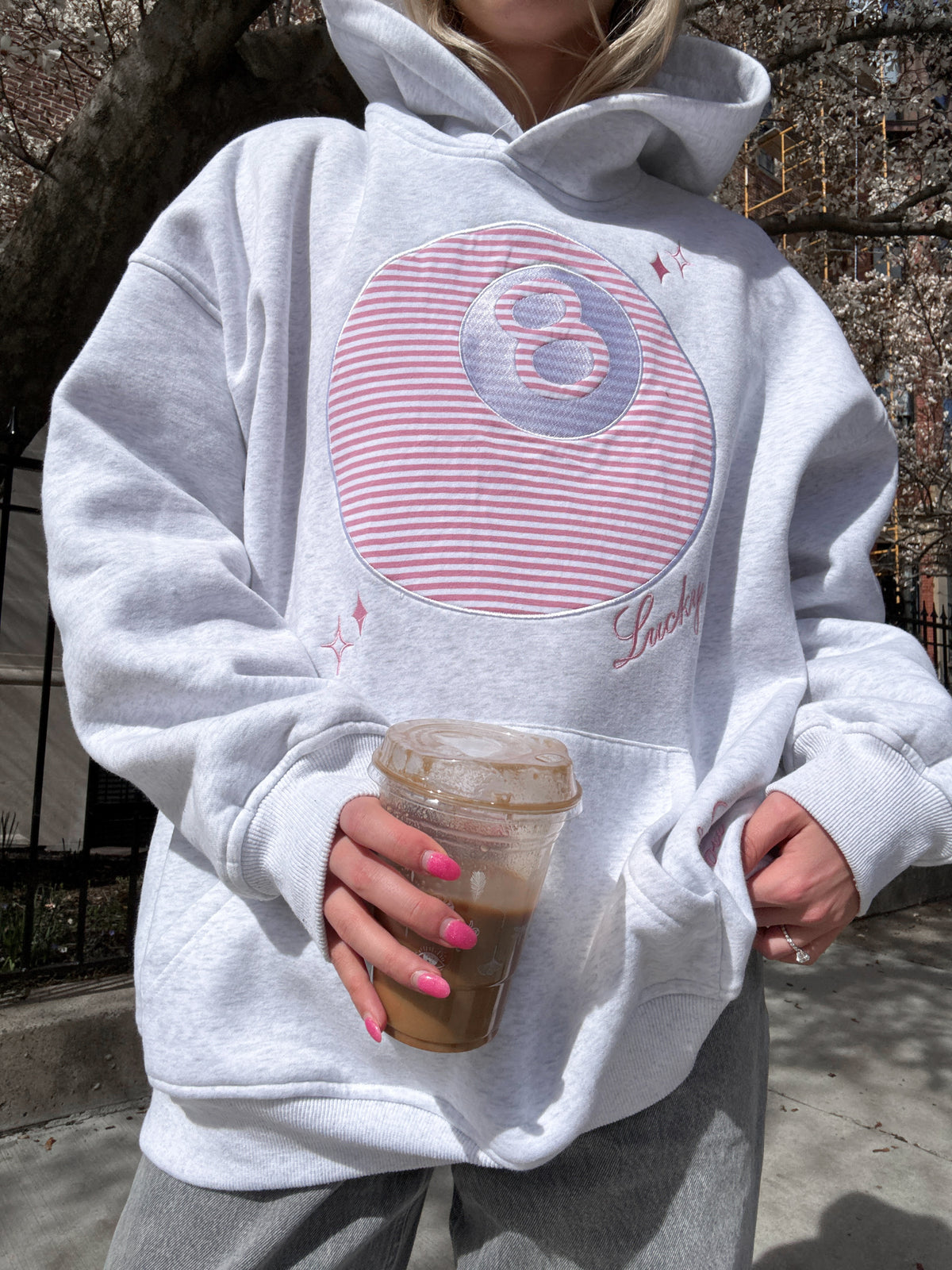 Pearl Grey Lucky You 8 Ball Embroider Hoodie