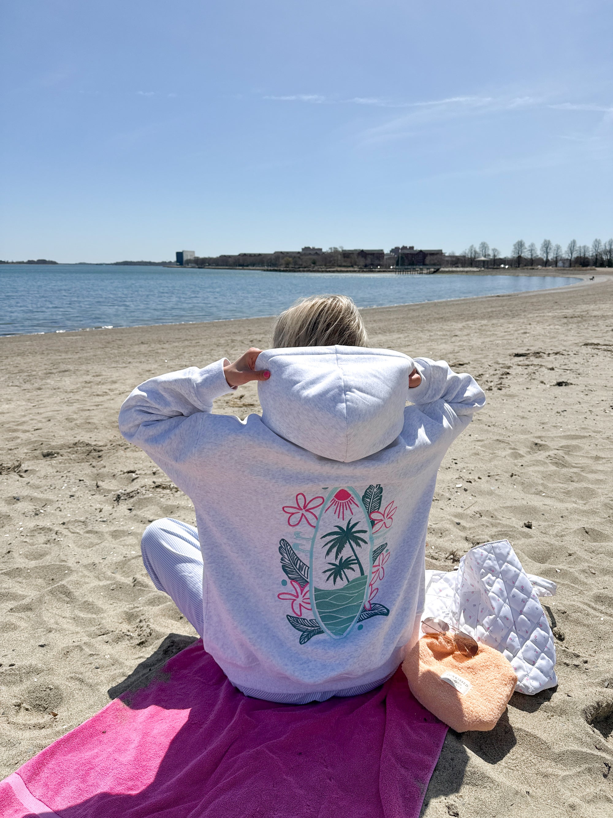 Pearl Grey Surfing The Waves Embroider Hoodie