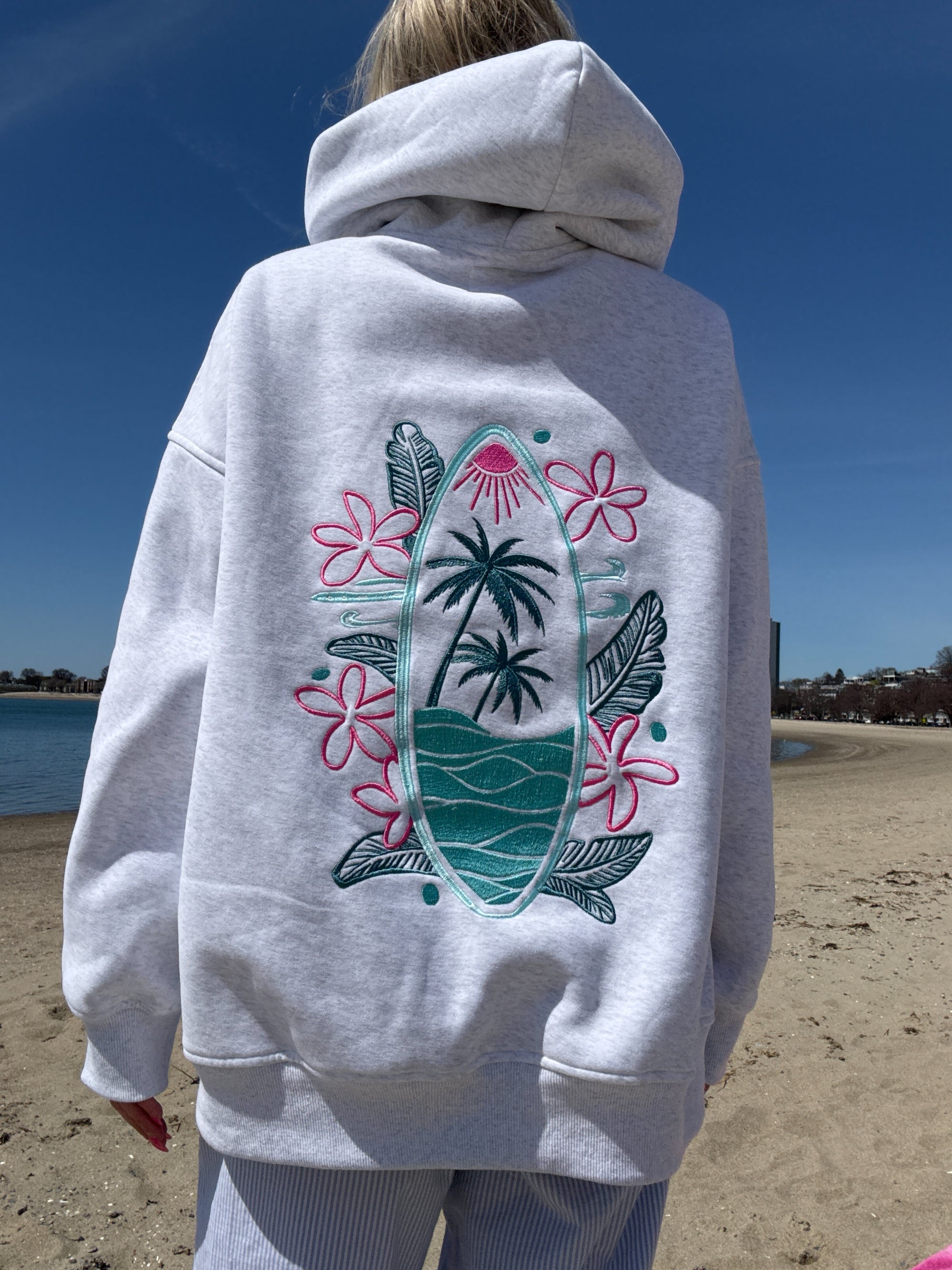 Pearl Grey Surfing The Waves Embroider Hoodie