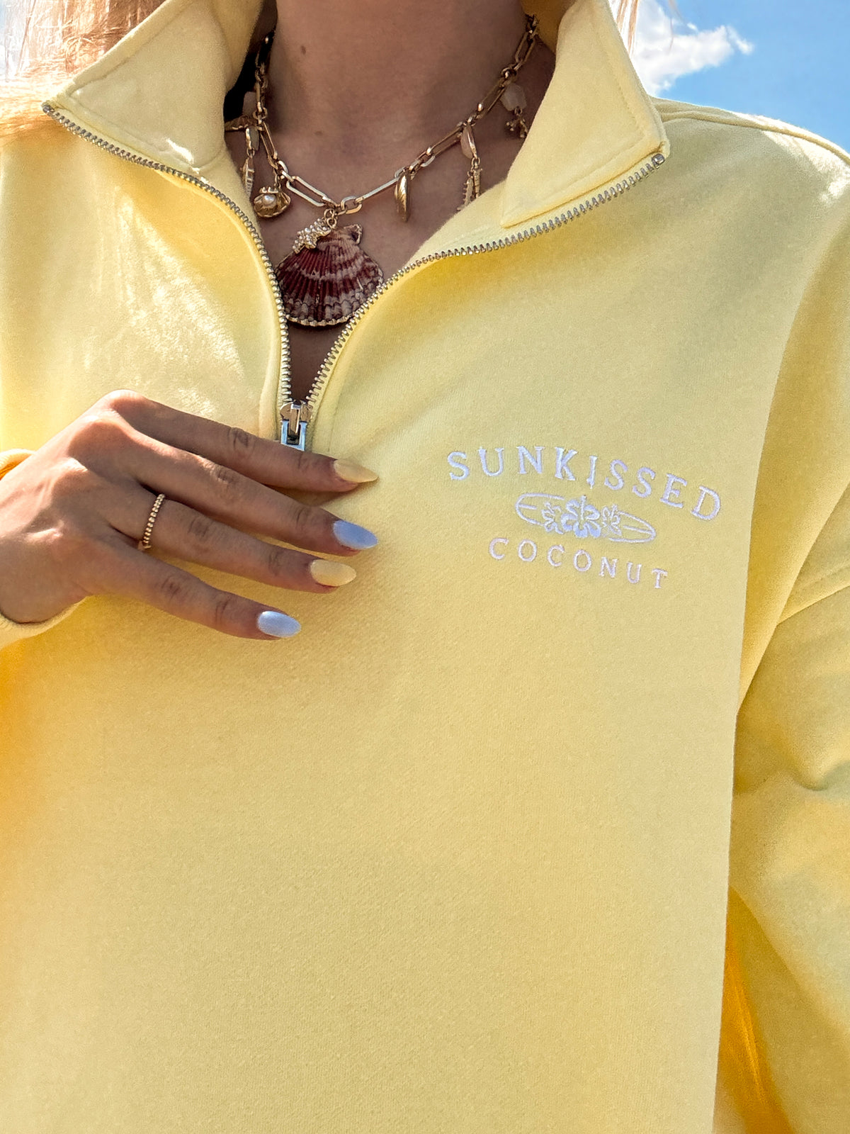 Isabella Banana Yellow Sunkissedcoconut Embroider Quarter Zip Sweatshirt
