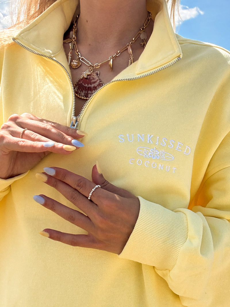 Isabella Banana Yellow Sunkissedcoconut Embroider Quarter Zip Sweatshirt