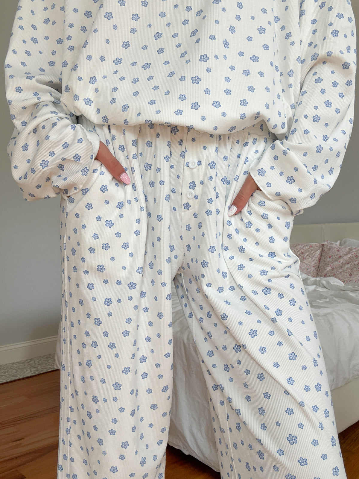 White Lilo Blue Floral Pajama Pants