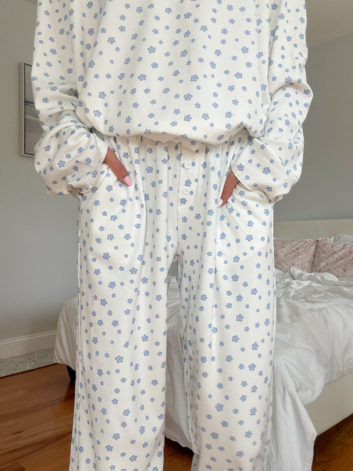 White Lilo Blue Floral Pajama Pants