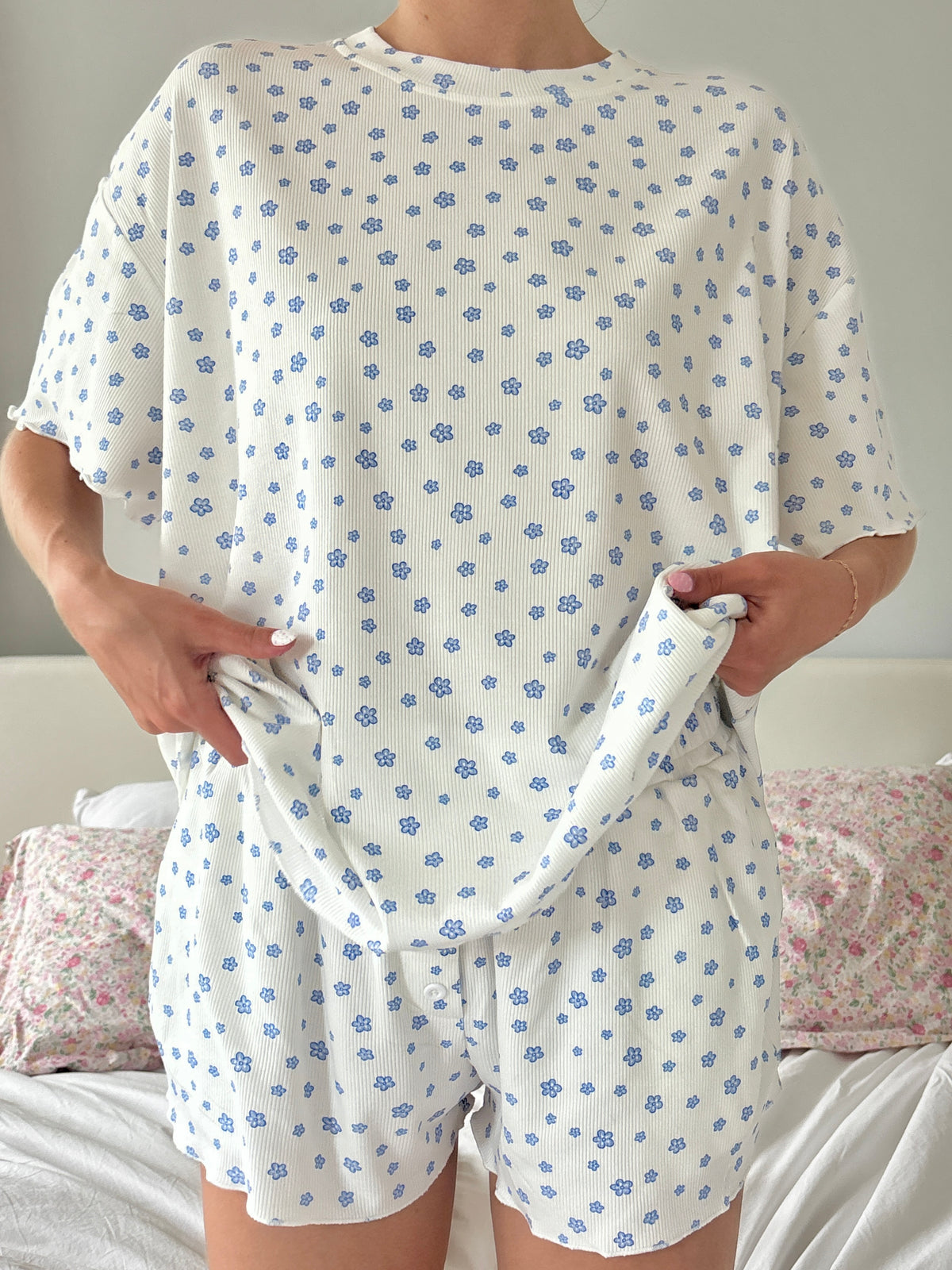 White Lilo Blue Floral Pajama Shorts