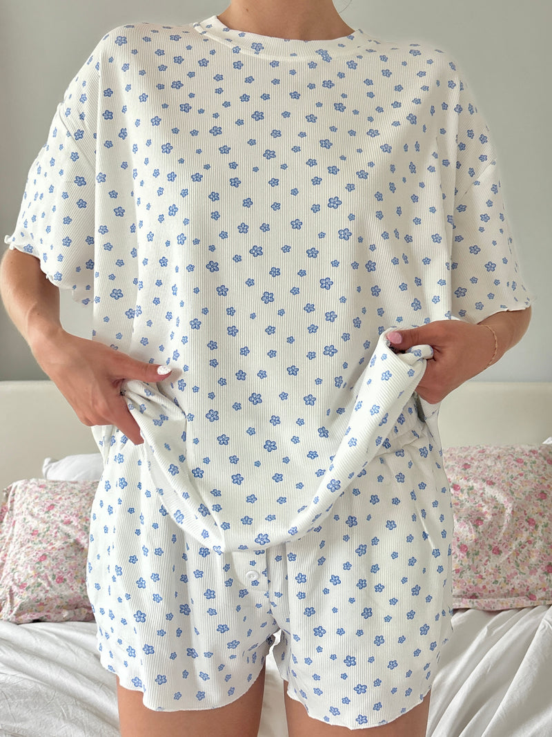 White Lilo Blue Floral Pajama Shorts