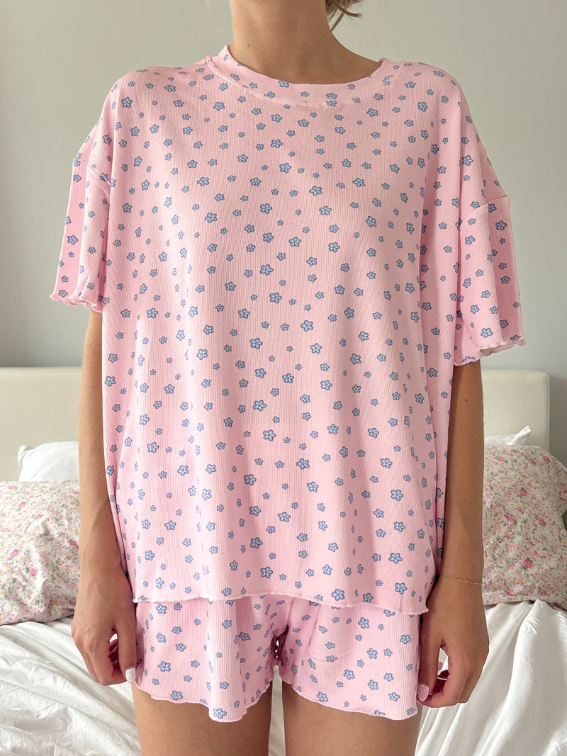 Light Pink Lilo Blue Floral Short Sleeve Pajama Top